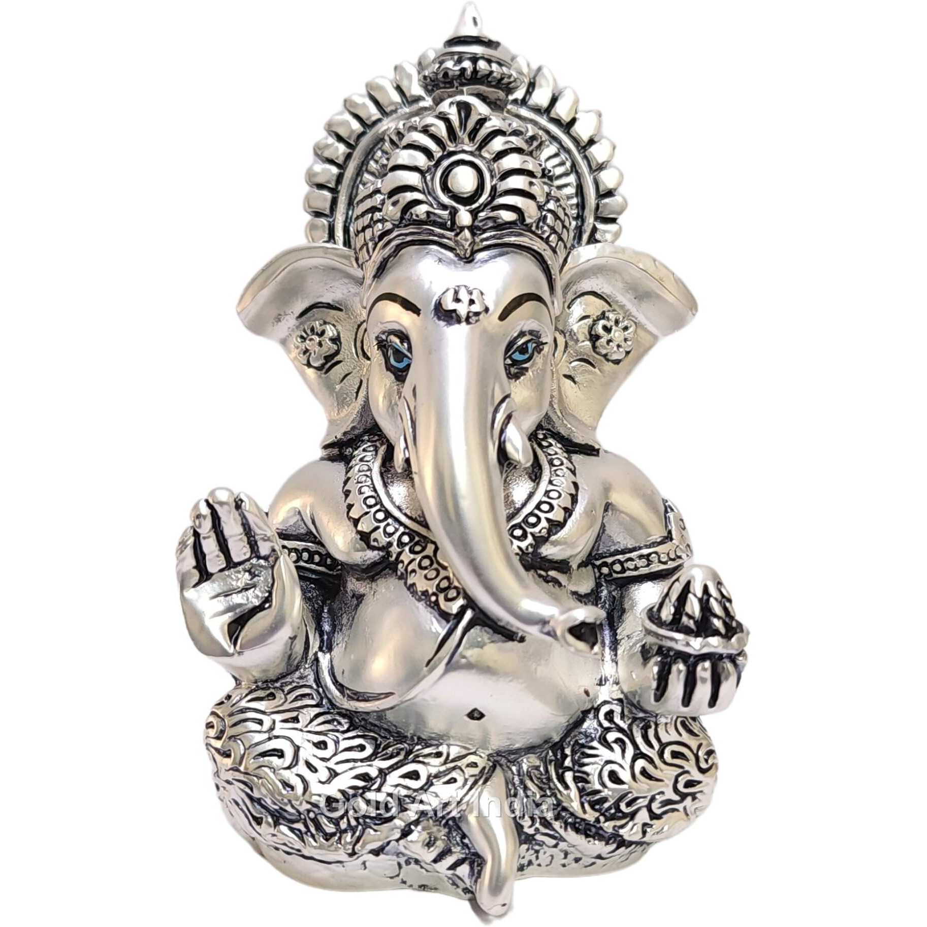 Gold Art India 999 Matte Silver Plated Antique Mukut Ganesha - 3.5" - Perfect for Gifting, Home Decor, Car Dashboard and Celebrations (MATTESILVERMUKUTANTIQUE)