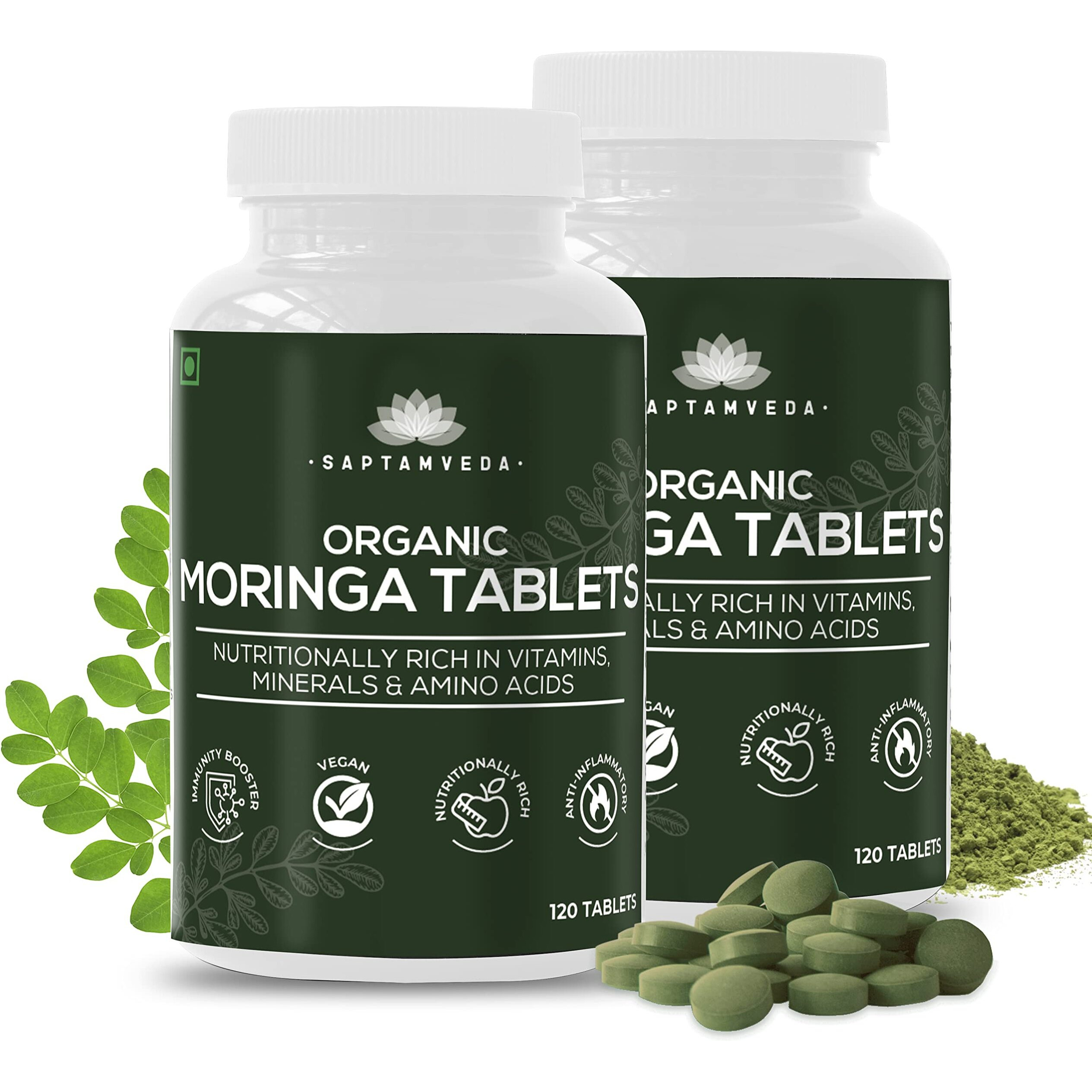 SAPTAMVEDA Organic Moringa Tablets 240 Tablets (120 x 2) (Pack Of 2), 500mg each