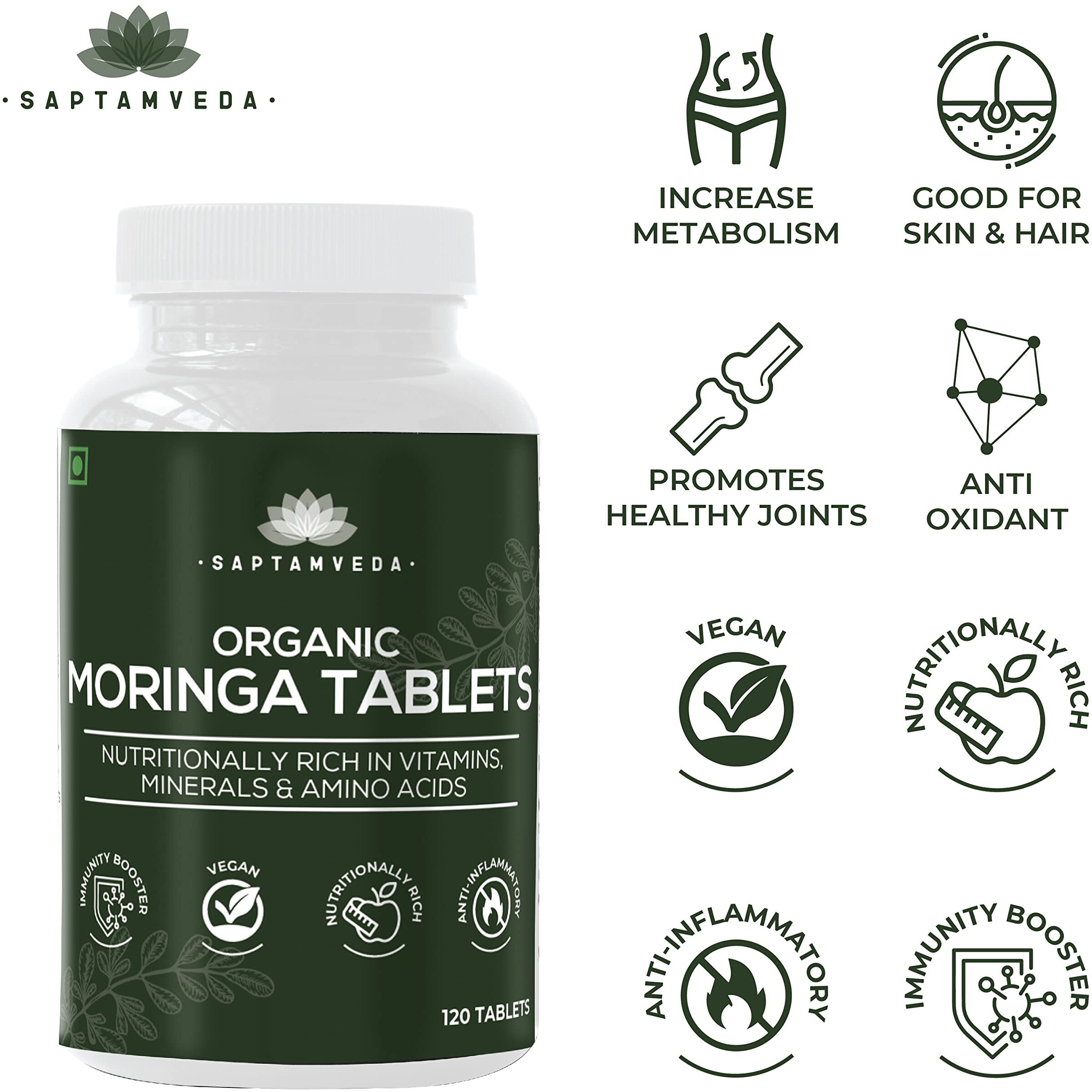 SAPTAMVEDA Organic Moringa Tablets 240 Tablets (120 x 2) (Pack Of 2), 500mg each