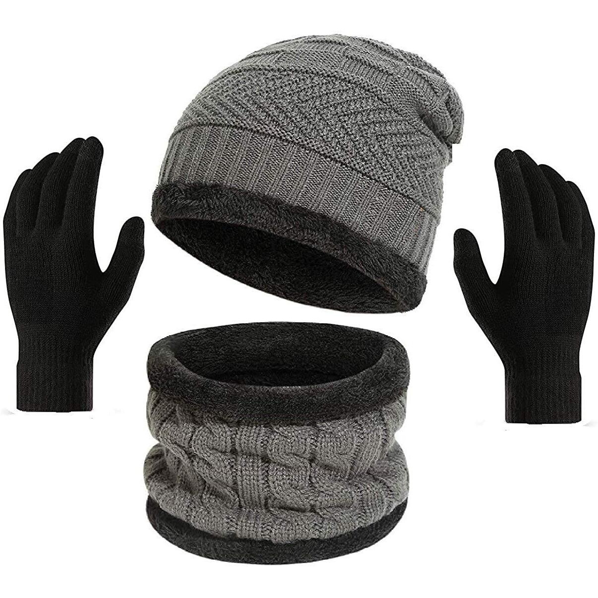 Gajraj Winter Knit Beanie Cap Hat Neck Warmer Scarf and Woolen Gloves Set for Men & Women (3 Piece) (GREY)