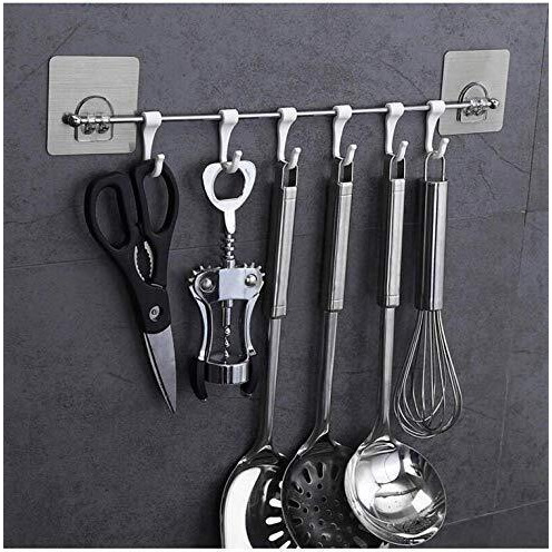 GOLWYN Premium Self Adhesive Kitchen Accessories Items Organizer Rack Stand, Wall Hanging Hooks Strong Without Drilling (9 Hooks), Stainless Steel