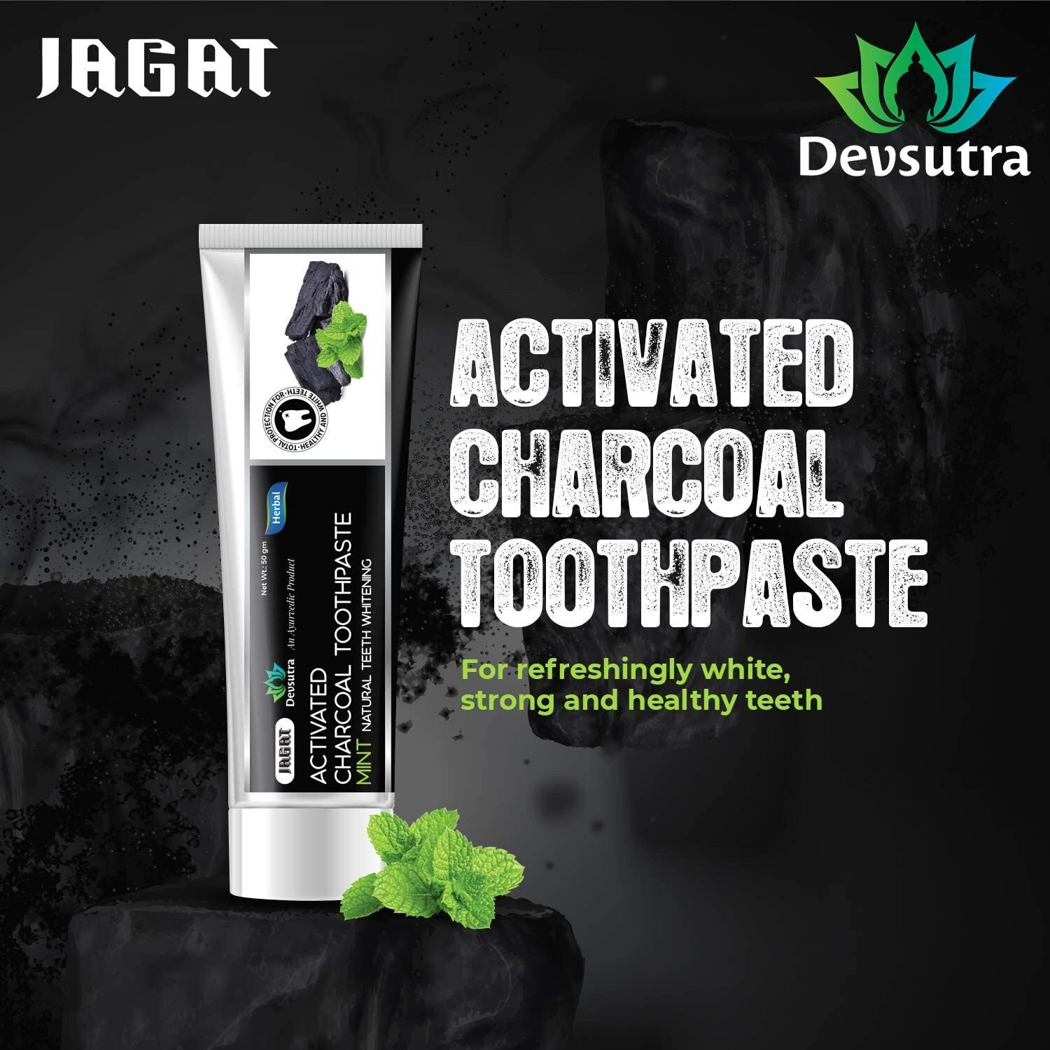 Jagat Devsutra Dr. Trusted Ayurvedic HERBAL Activated Charcoal Toothpaste & Fresh Mint Toothpaste for Teeth Whitening - 100% Natural Formula, No Fluoride & Artificial Colors (2 Pack Each), (100g x 4)