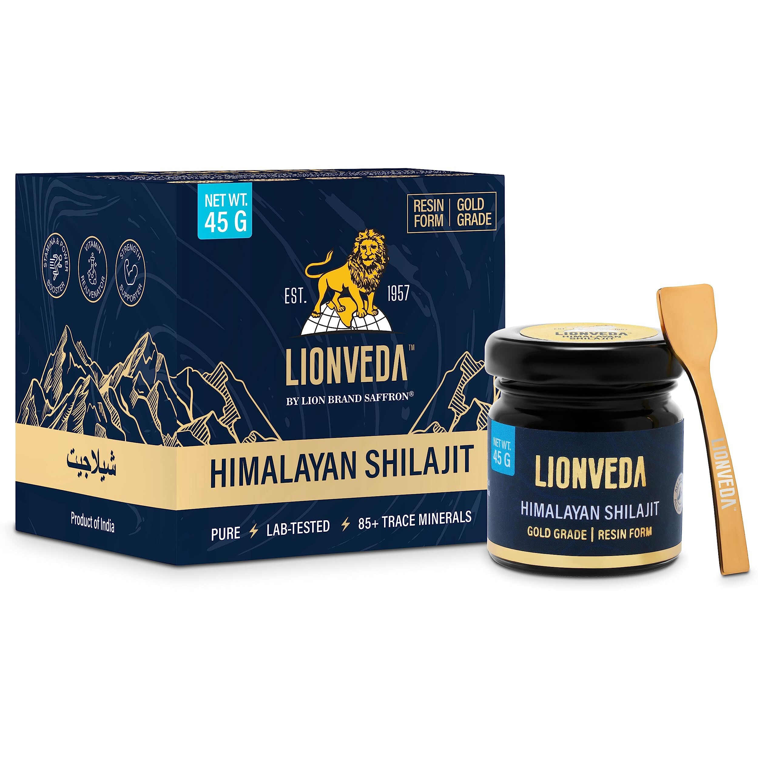 LIONVEDA 45g Pure Himalayan Shilajit/Shilajeet Resin for Men, Gym, Stamina, Energy & Improved Health | Guaranteed 80%+ Fulvic Acid | Contains Lab Certificate (Certified Gold Grade)