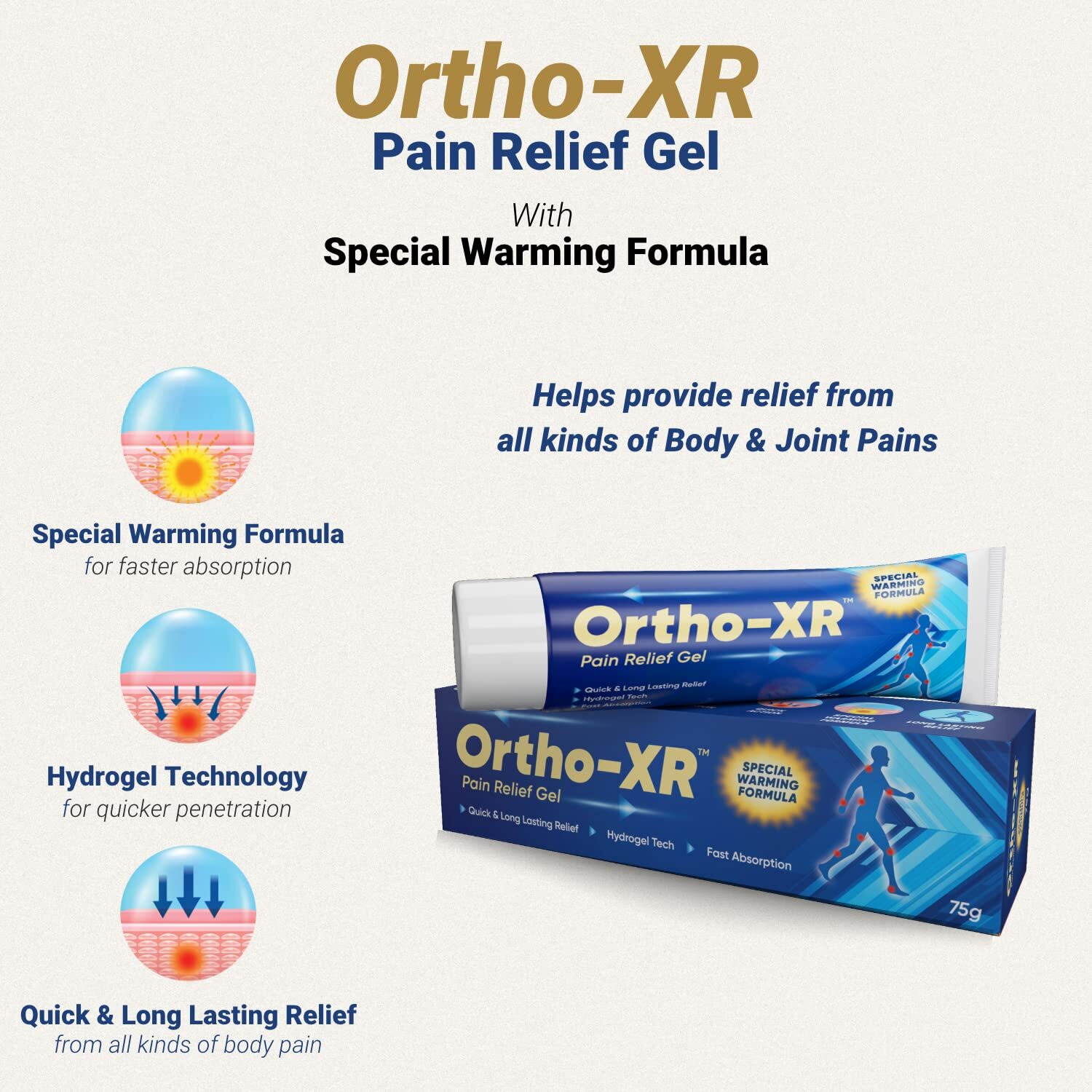 ORTHO-XR Ayurvedic Pain Relief Gel 75g (Pack of 1) with Special Warming Formula for Body, Back, Joint, Shoulder, Hand, Wrist, Legs, Knee, Ankle, Muscle and Arthritis pain. Quick & long lasting relief.