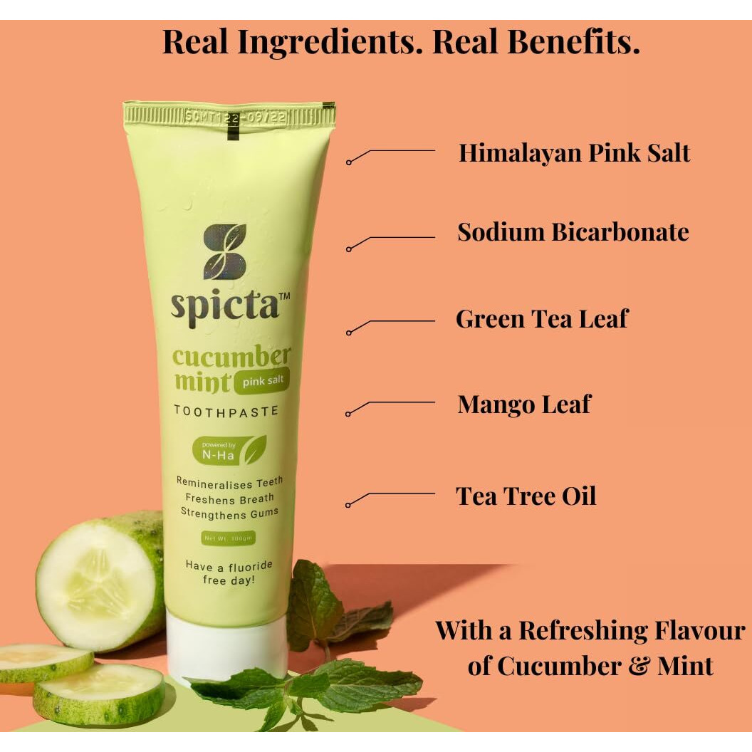 Spicta Cucumber Mint Toothpaste With Himalayan Pink Salt | Fluoride Free, SLS & Paraben Free Toothpaste For Adults & Kids | Natural & Vegan Toothpaste | Repairs Cavities & Strengthens Gums - 100g