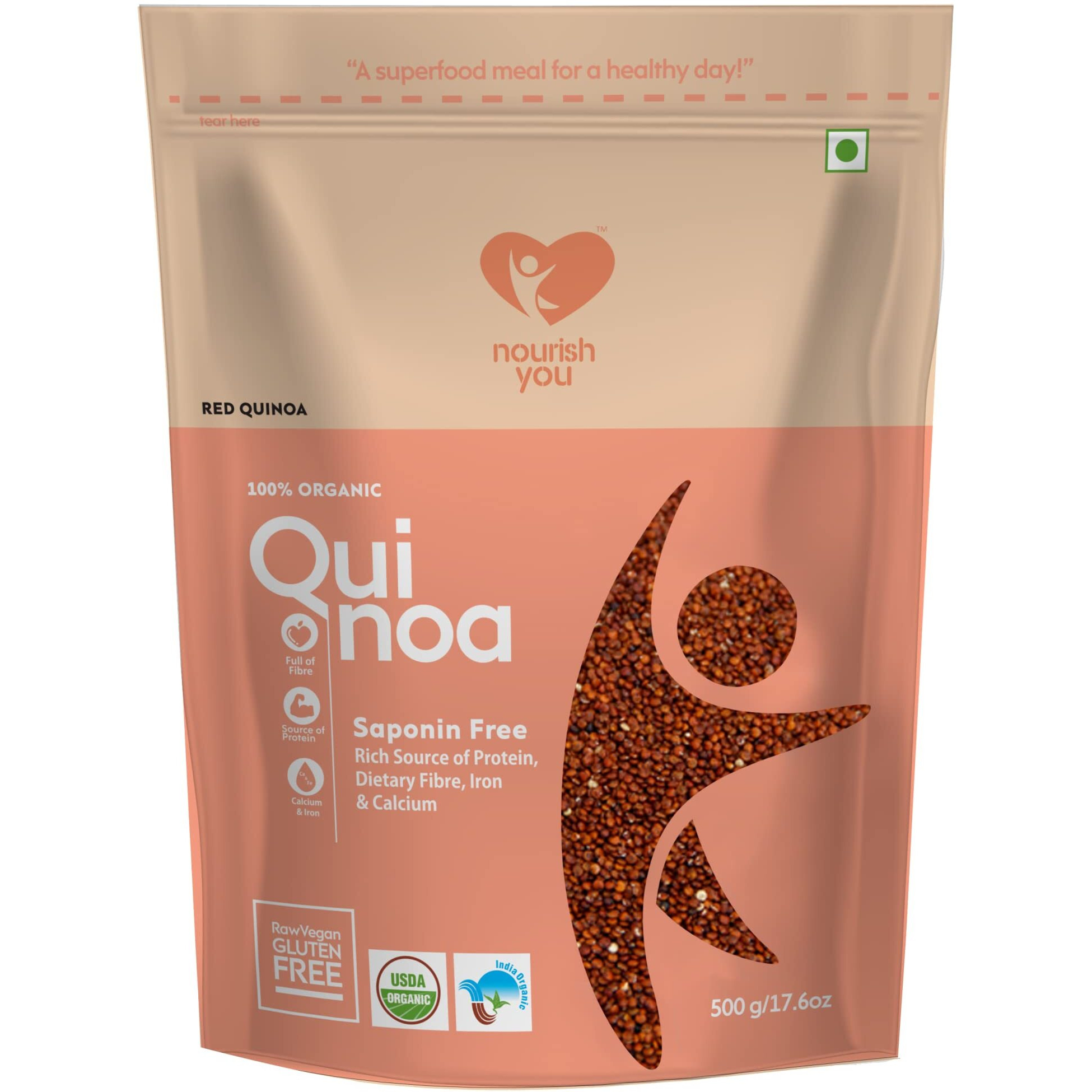 NOURISH YOU Organic Red Quinoa Seeds 500G | USDA Certified Grain | Gluten Free | High Protein | Fibre Rich Healthy Diet Food For Breakfast Cereal, Pilafs, Soups & Salads (Pack of 1)