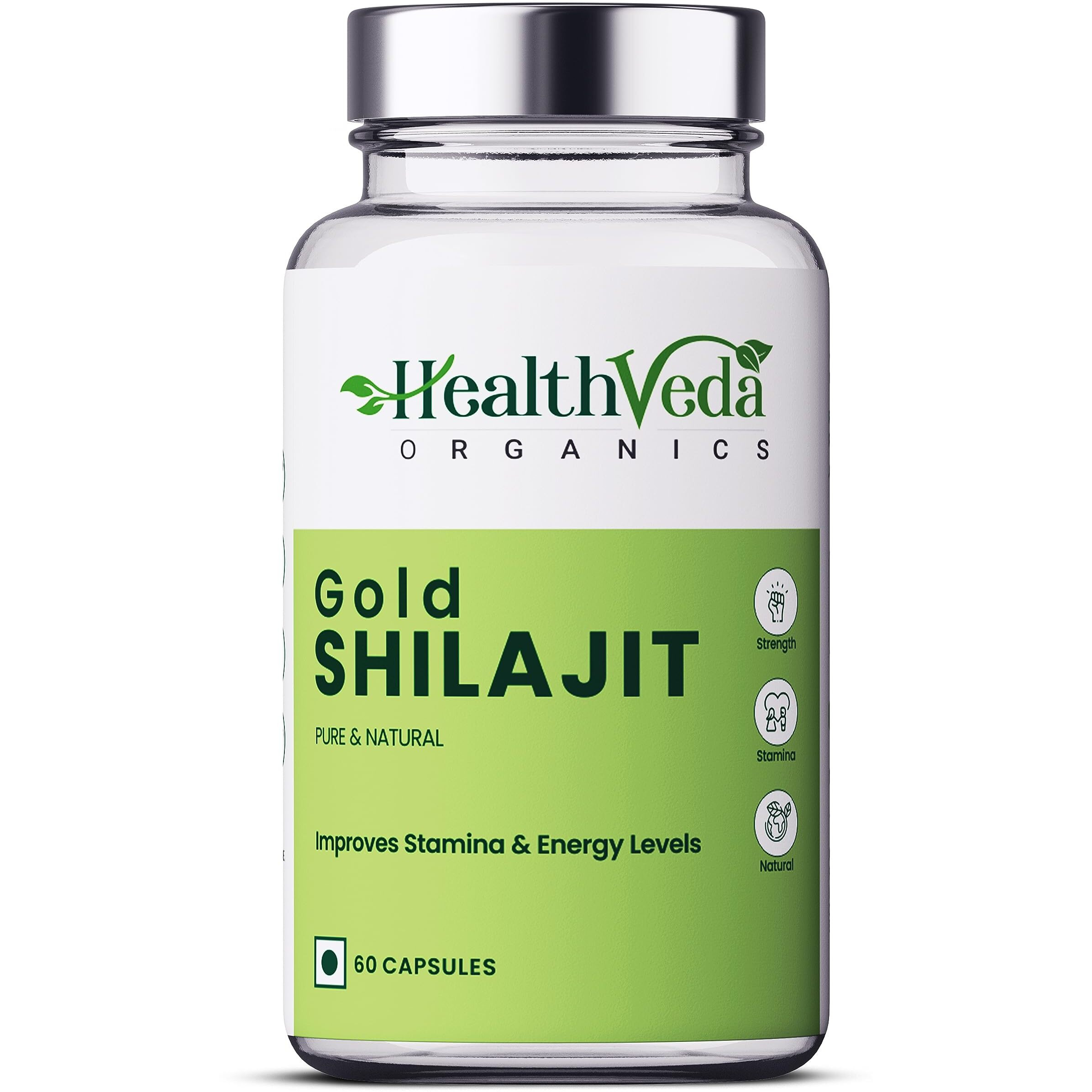 Health Veda Organics Original Gold Shilajit with Ashwagandha, Safed musli, Kaunch beej, Gokharu & Kesar, +10 more Ayurvedic herbs Approved By Dept Of Ayush- Boost Stamina, Strength, Energy Power, Build Muscle Mass - 60 Veg Capsules