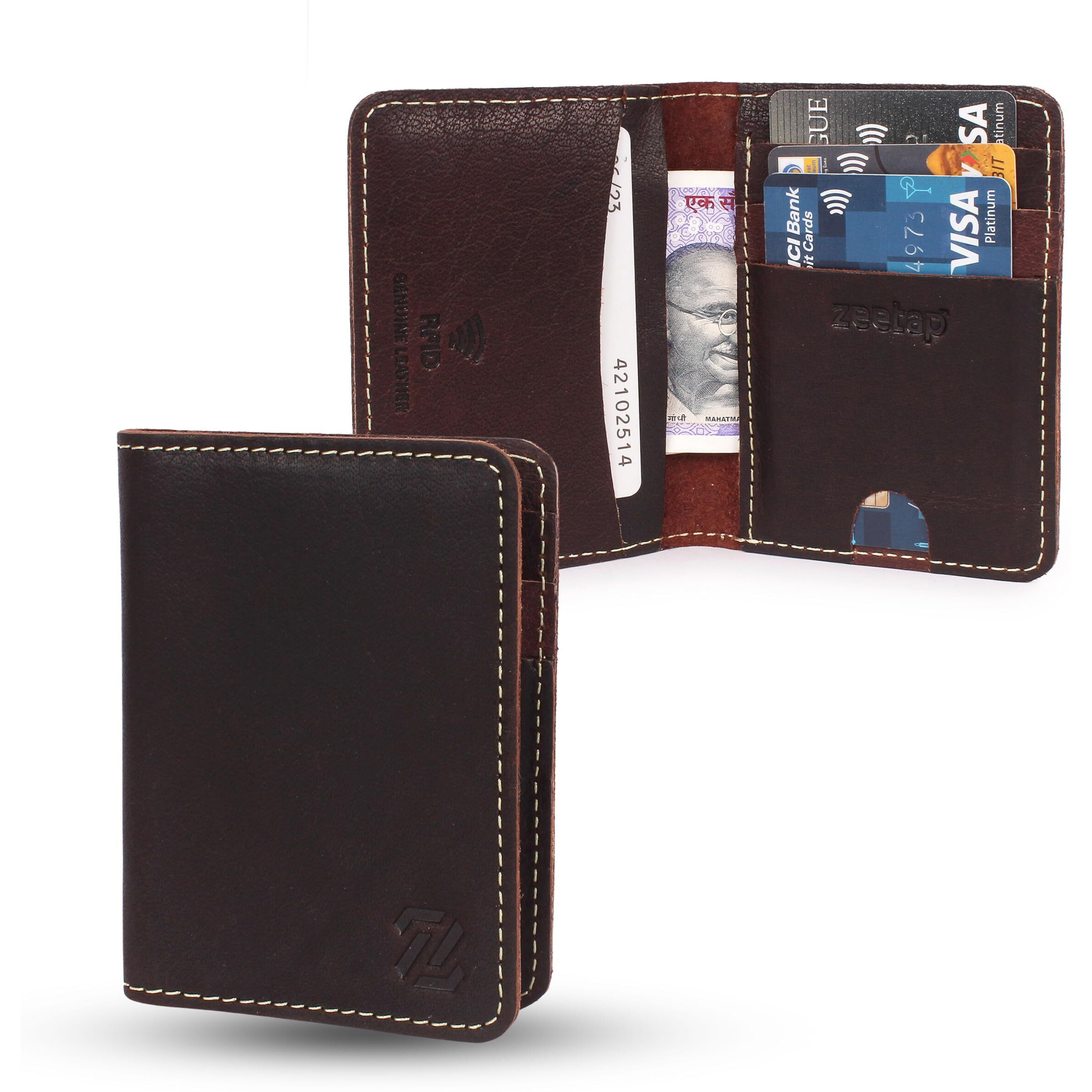 Zeetap Genuine Leather Card Holder - RFID Protected ATM Card Holder, Minimalist Wallet for Men and Women, Mens Wallet - Perfect Card Holder for Men with 6 Card Slots and Note Compartment