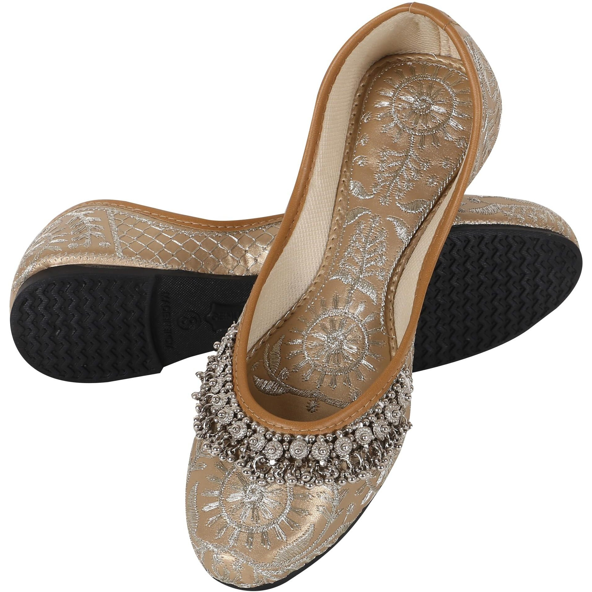 DFR Womens Rajasthani Embroidered with Payal Punjabi Mojaris Juttis Jutis Shoe, Gold, UK Size 4