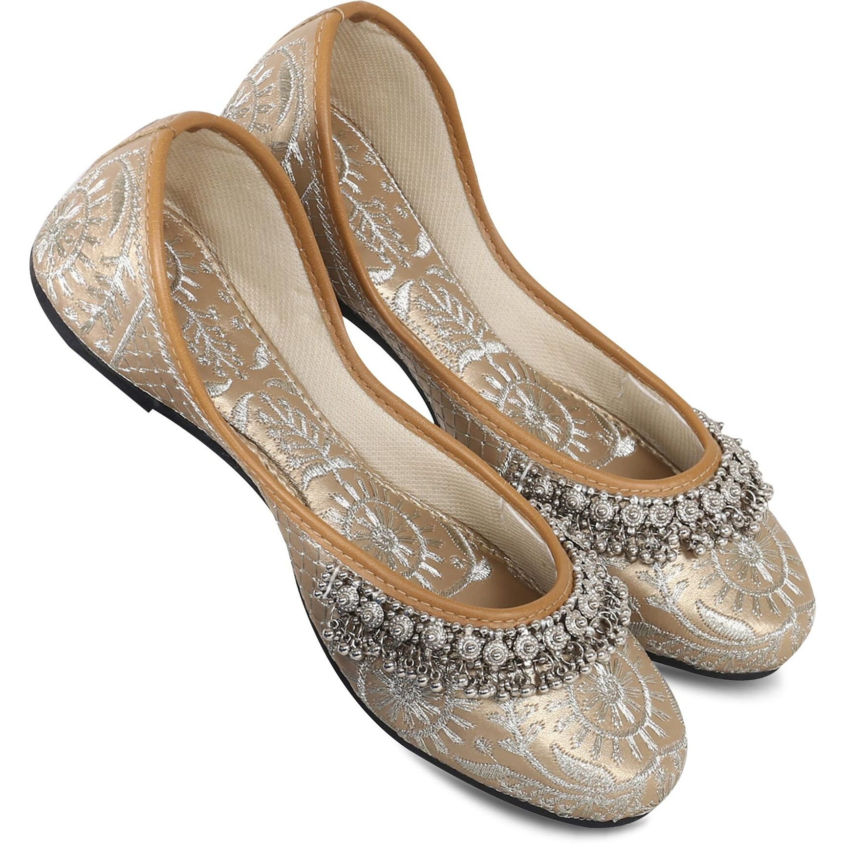 DFR Womens Rajasthani Embroidered with Payal Punjabi Mojaris Juttis Jutis Shoe, Gold, UK Size 4