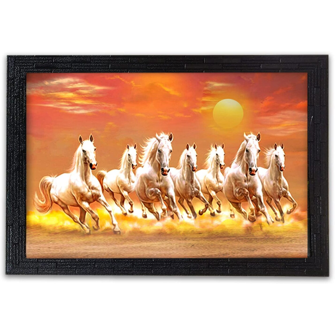 LIFEHAXTORE Seven Lucky Running Vastu Horses Art Framed Painting (Sunset Oranage, 12 Inch x 18 Inch) multicolor