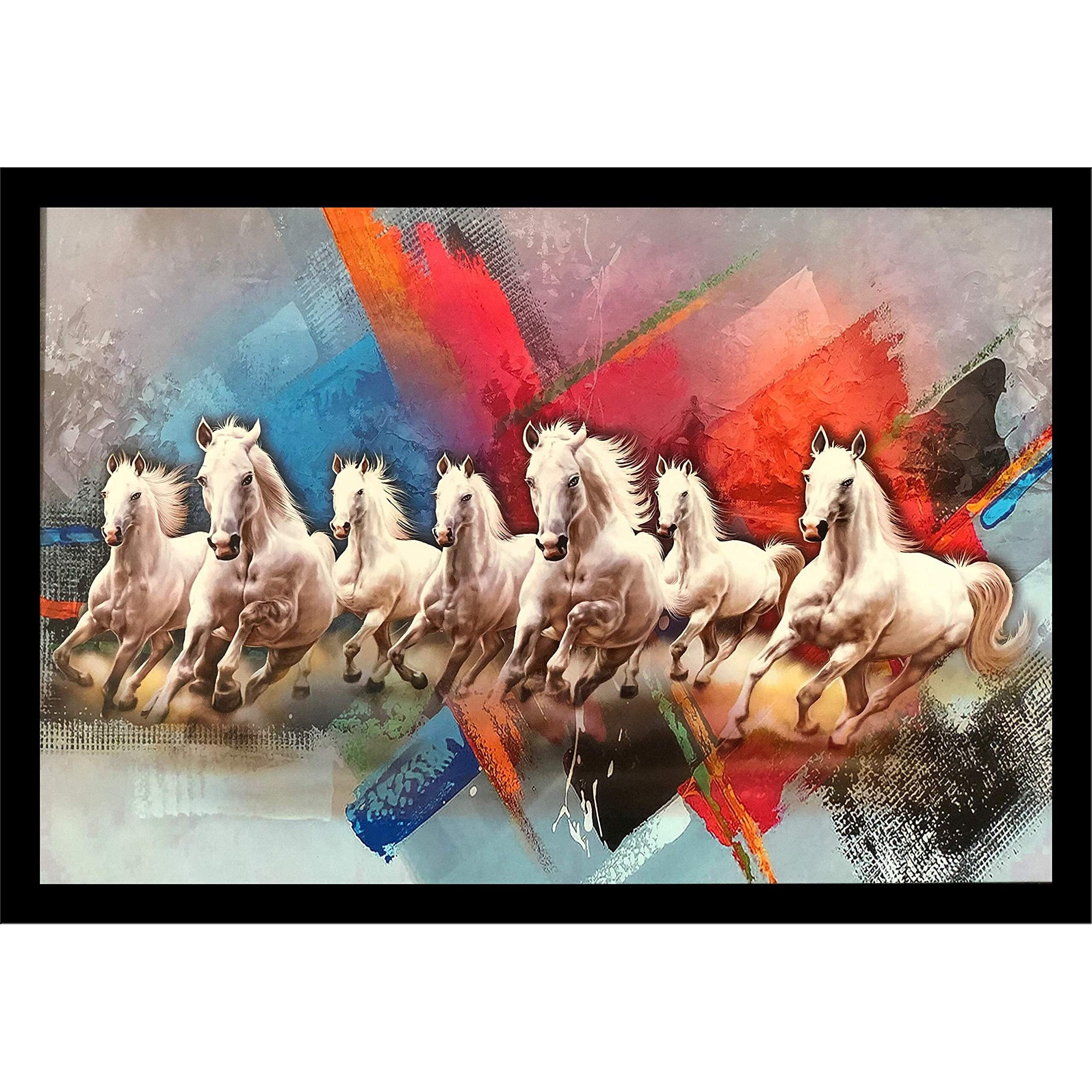 LIFEHAXTORE  Wood Seven Lucky Running Vastu Horses Art Framed Painting Ready to hang - (White, 12inch x 18 inch)