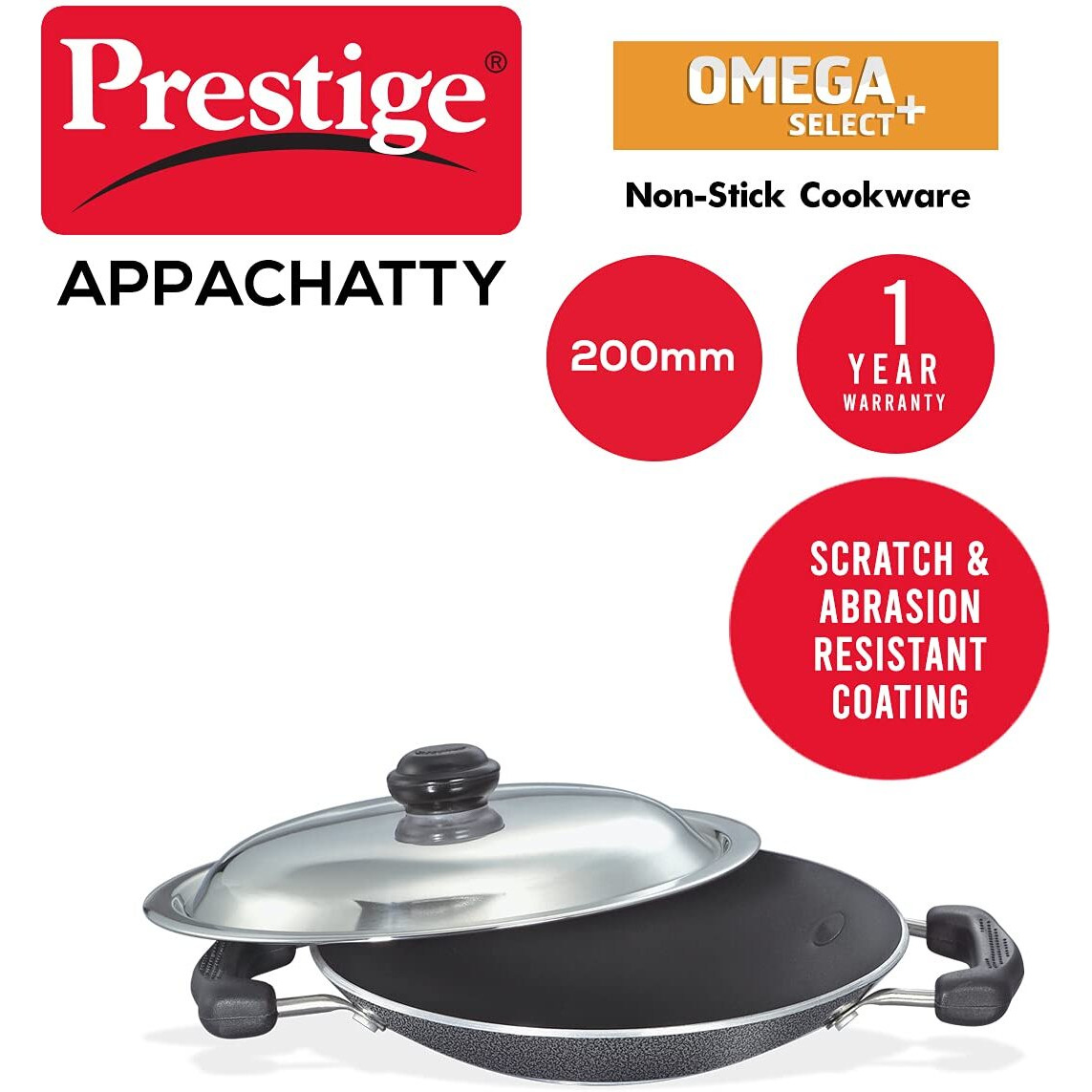 Prestige Omega Select Plus Non-Stick Deep Appachetty with Lid | Black | 20 cm | Residue Free | Scratch Resistant | Comfortable Grip | Spoon Friendly