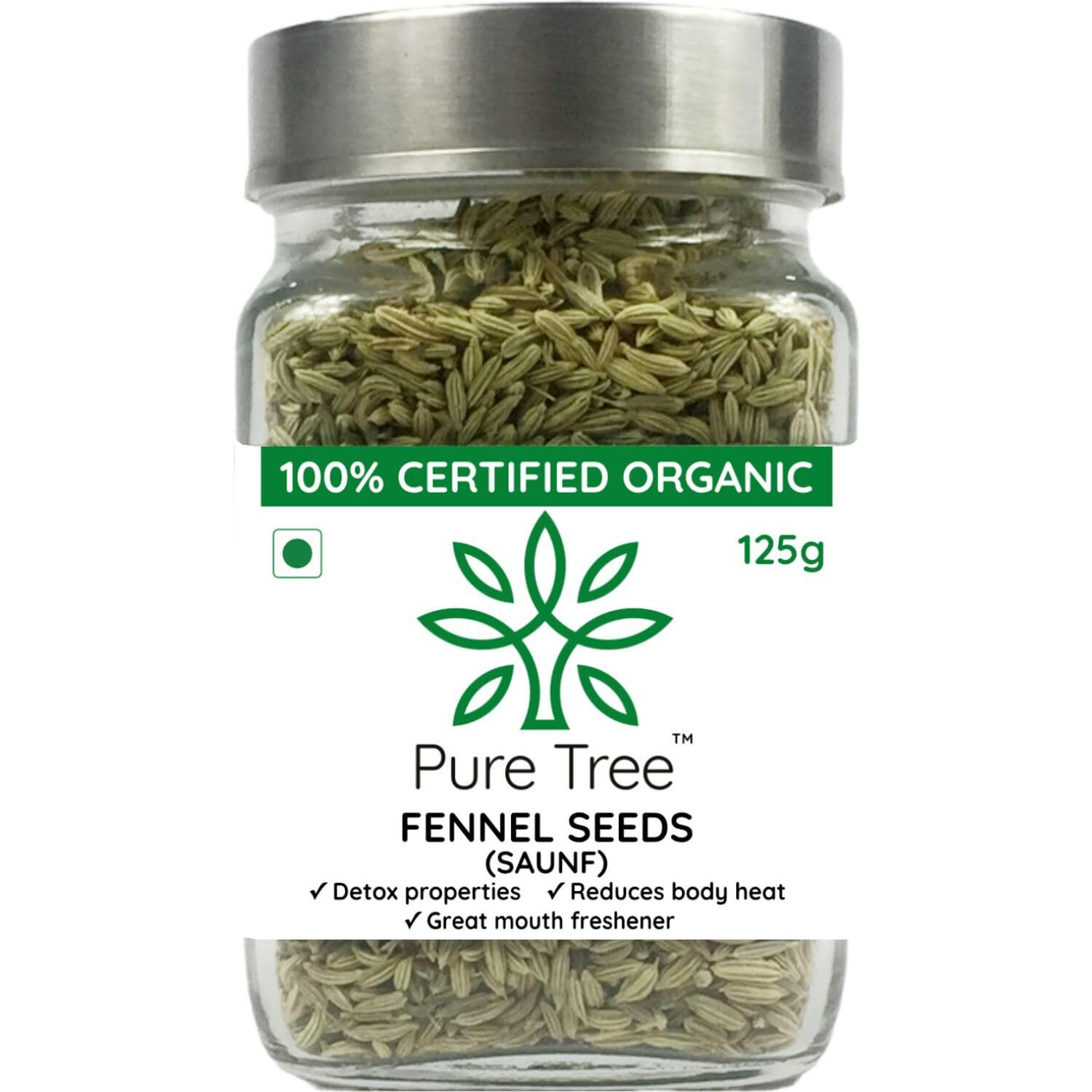 Pure Tree Certified Organic Fennel Seeds | 125 g | Glass Jar | Saunf, Variyali | Perumjeerakam Whole Spices Sombu Whole | Fennel seeds Saunf | Organic Saunf Rich Flavour Sombu