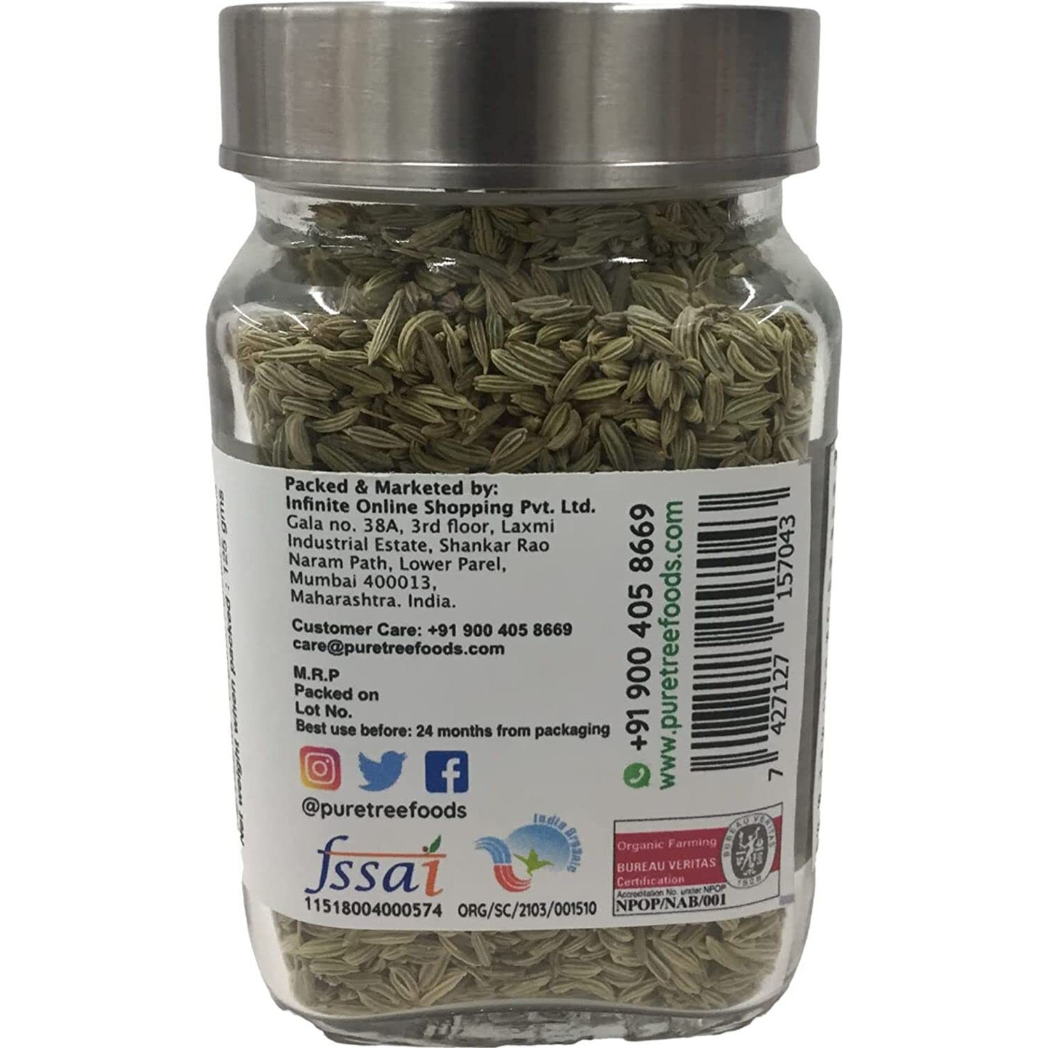 Pure Tree Certified Organic Fennel Seeds | 125 g | Glass Jar | Saunf, Variyali | Perumjeerakam Whole Spices Sombu Whole | Fennel seeds Saunf | Organic Saunf Rich Flavour Sombu