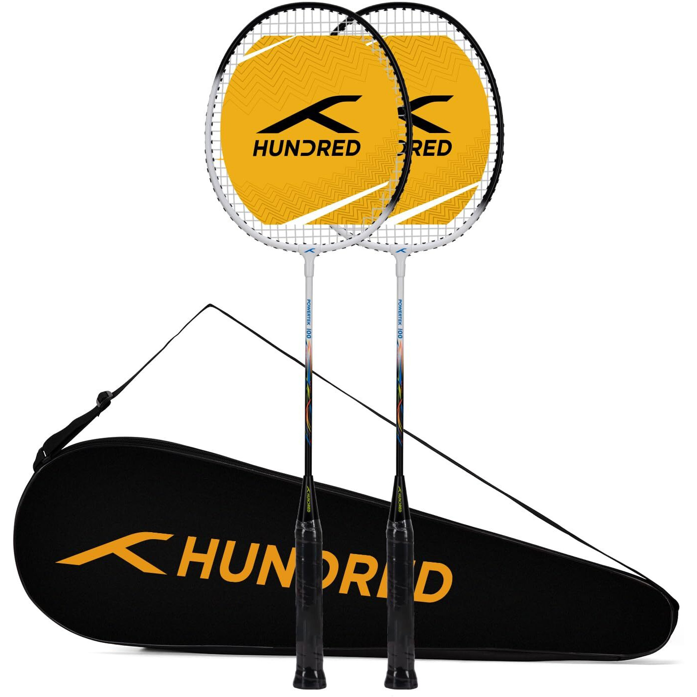 HUNDRED POWERTEK 100 (Set of 2) Badminton Racket with Full Cover (115g, White/Black)