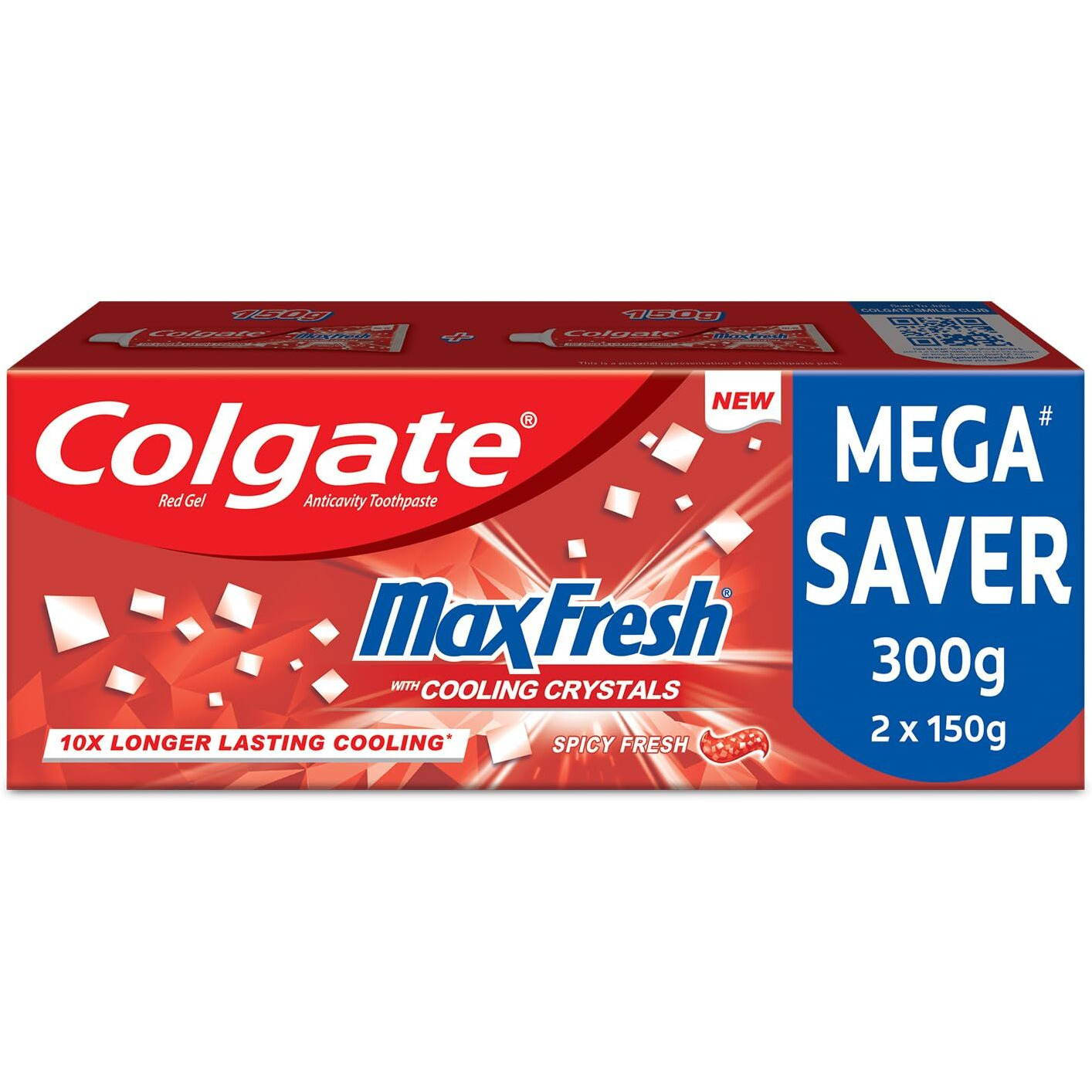 Colgate MaxFresh Toothpaste, Red Gel Paste with Menthol for Super Fresh Breath, 300g, 150g X 2 (Spicy Fresh)