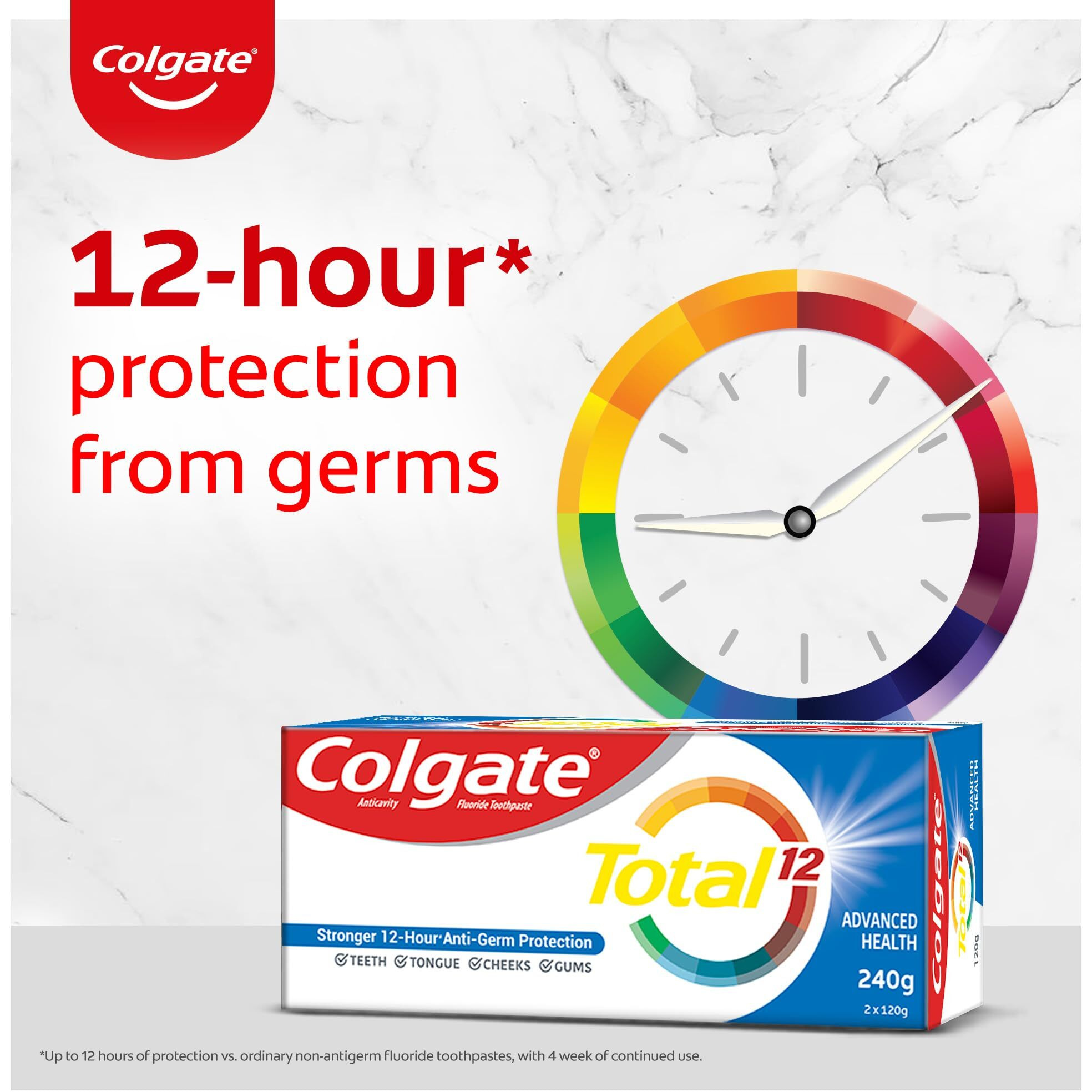 Colgate Total Whole Mouth Health, Antibacterial Toothpaste, 120gm + 120gm (240gm) (Advanced Health, Saver Pack), World's No. 1* Germ-fighting Toothpaste