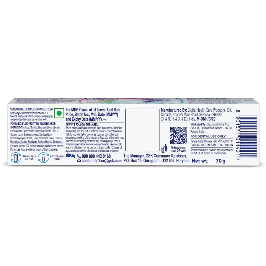 Sensodyne Toothpaste Complete Protection+, All in One daily oral care tooth paste for sensitive teeth, 70 gm