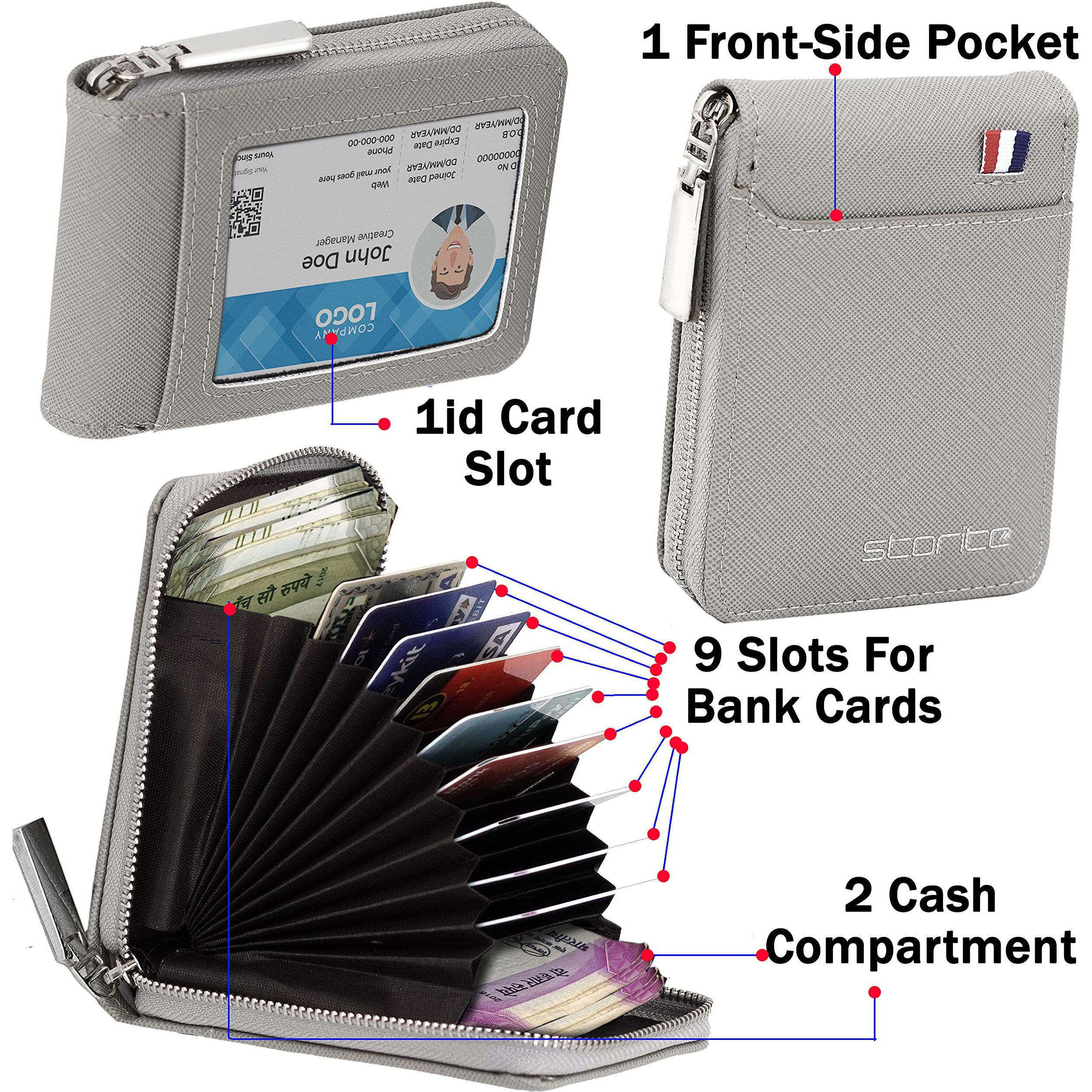 Storite PU Leather 9 Slot Vertical Credit Debit Card Holder Money Wallet Zipper Coin Purse for Men Women - Silvergrey (11.5 x 2 x 8 cm)