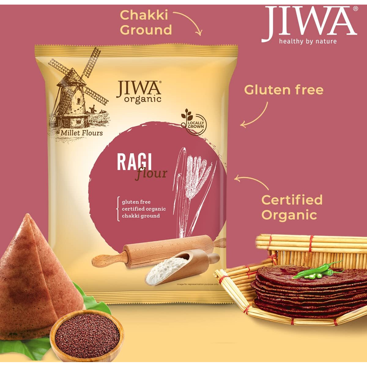 JIWA healthy by nature Organic Ragi Atta / Flour | Soft Fluffy Rotis | Finger Millet Flour | Chakki Ground Nachni Atta | Certified Organic & Gluten Free | 100% Natural | 1 kg