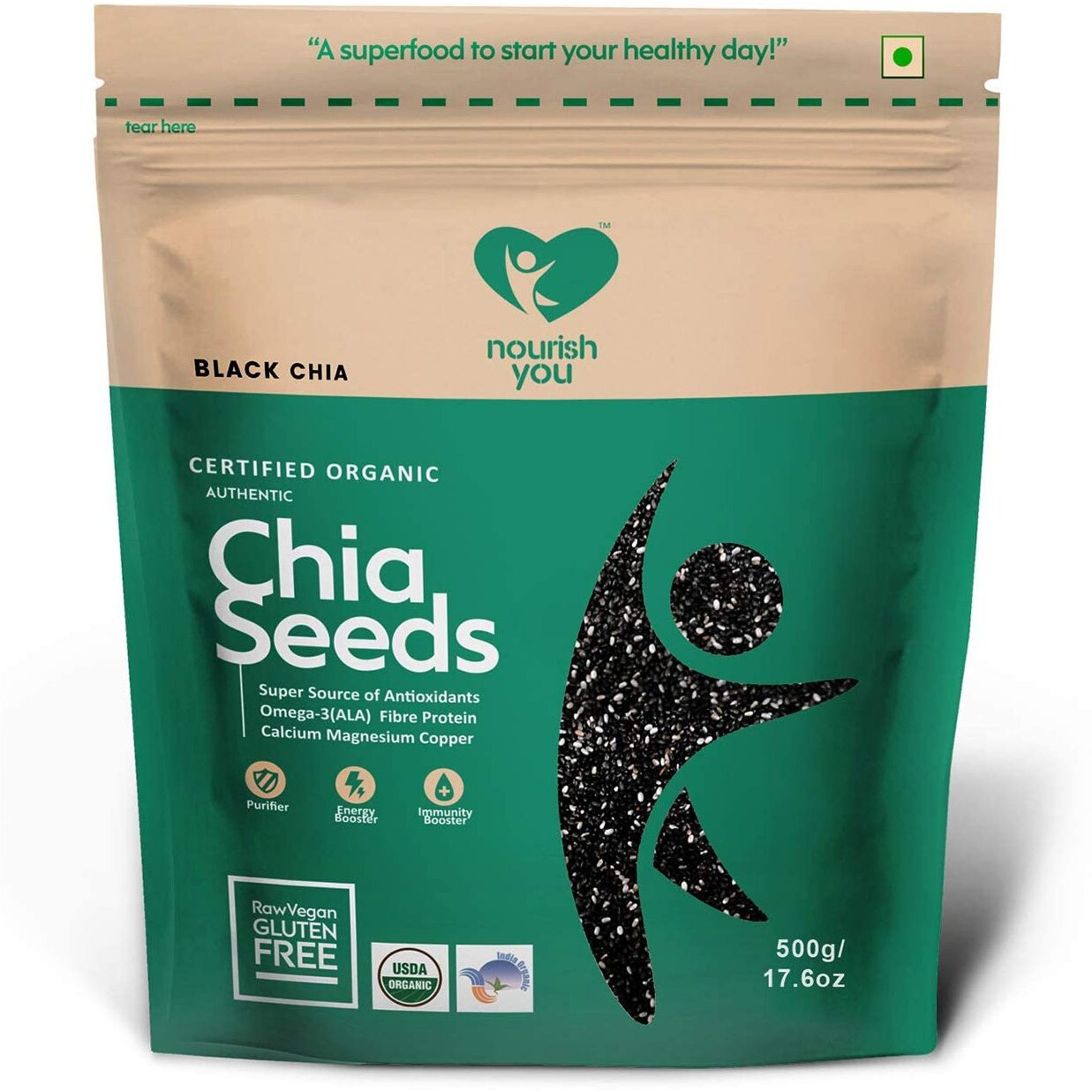 NOURISH YOU Organic Black Chia Seeds 500G | USDA Certified Grain | Gluten Free | Super Source of Calcium, Protein Fibre, Omega 3 & Antioxidant | Healthy Snacks for Weight loss management | Pack of 1