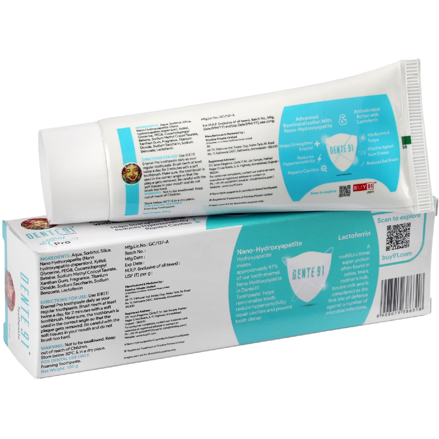 Dente91 Cool Mint Toothpaste| Sensitivity Relief | Repairs Cavities | Fights Gum Disease | Reduces Bad Breath | Strengthens Enamel | SLS free | Fluoride free | Paraben free, Pack of 1, 100g