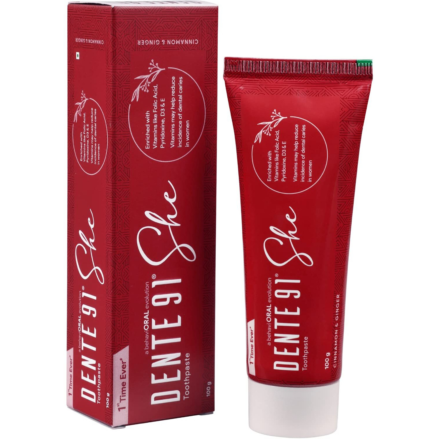 Dente91 SHE Toothpaste Specially Crafted for Women, Remove Plaque Contains Folic Acid & Vitamins (B6, E, D3), Cinnamon & Ginger Flavour, Free from SLS, Fluoride & Paraben 100g (Pack of 1)