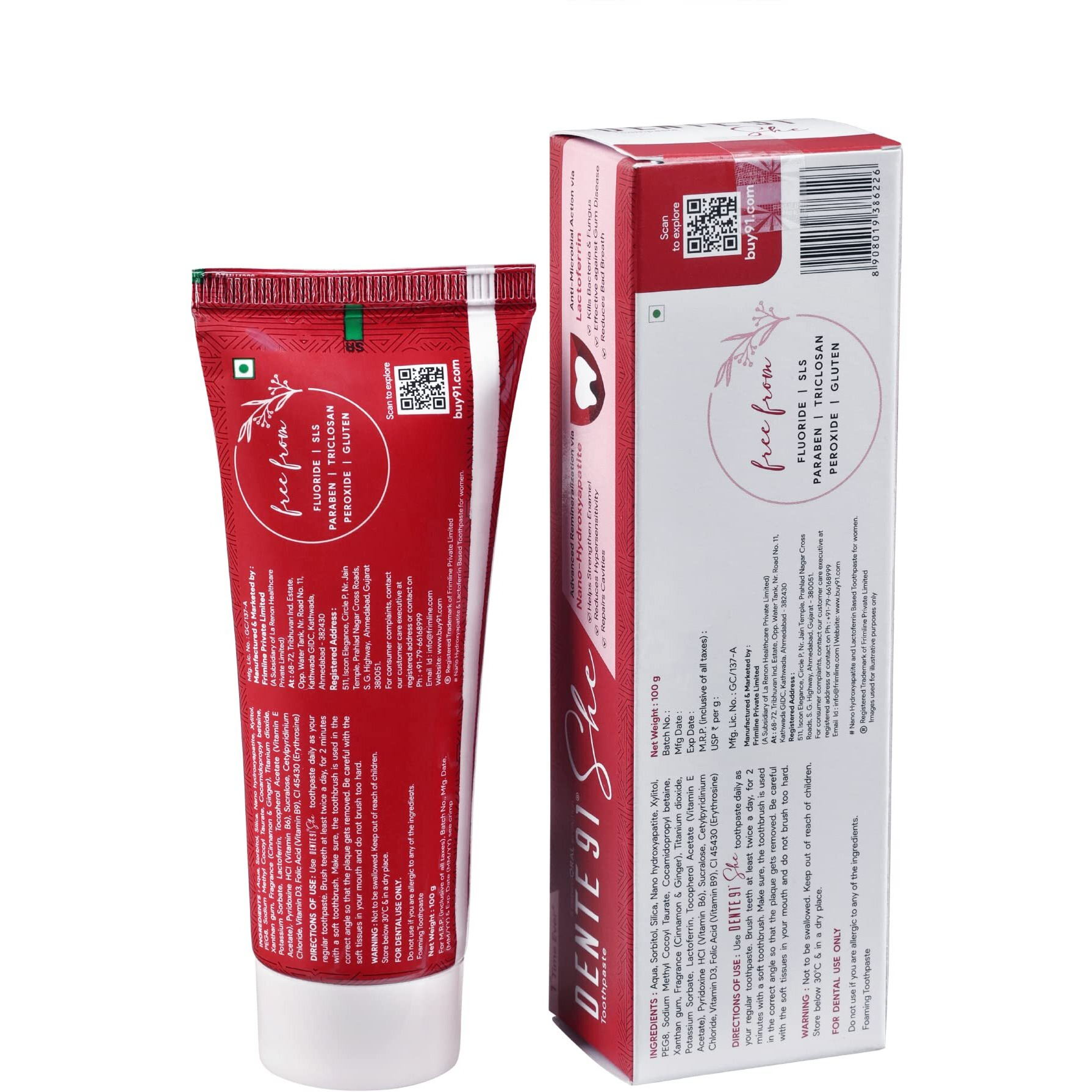 Dente91 SHE Toothpaste Specially Crafted for Women, Remove Plaque Contains Folic Acid & Vitamins (B6, E, D3), Cinnamon & Ginger Flavour, Free from SLS, Fluoride & Paraben 100g (Pack of 1)