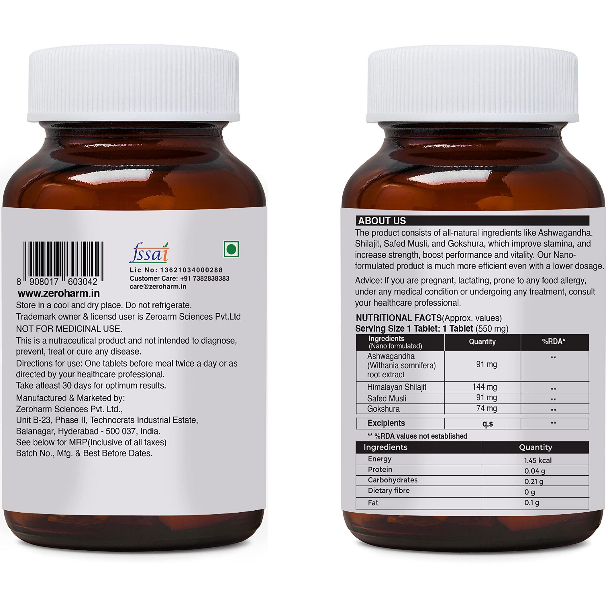 ZEROHARM Nano Himalayan Shilajit With Ashwagandha, Safed Musli & Goksura 60 Veg Capsules, Testo Enhancer For Men & Women Strength, Energy Booster, Stamina, Vigour, Endurance & Performance supplements