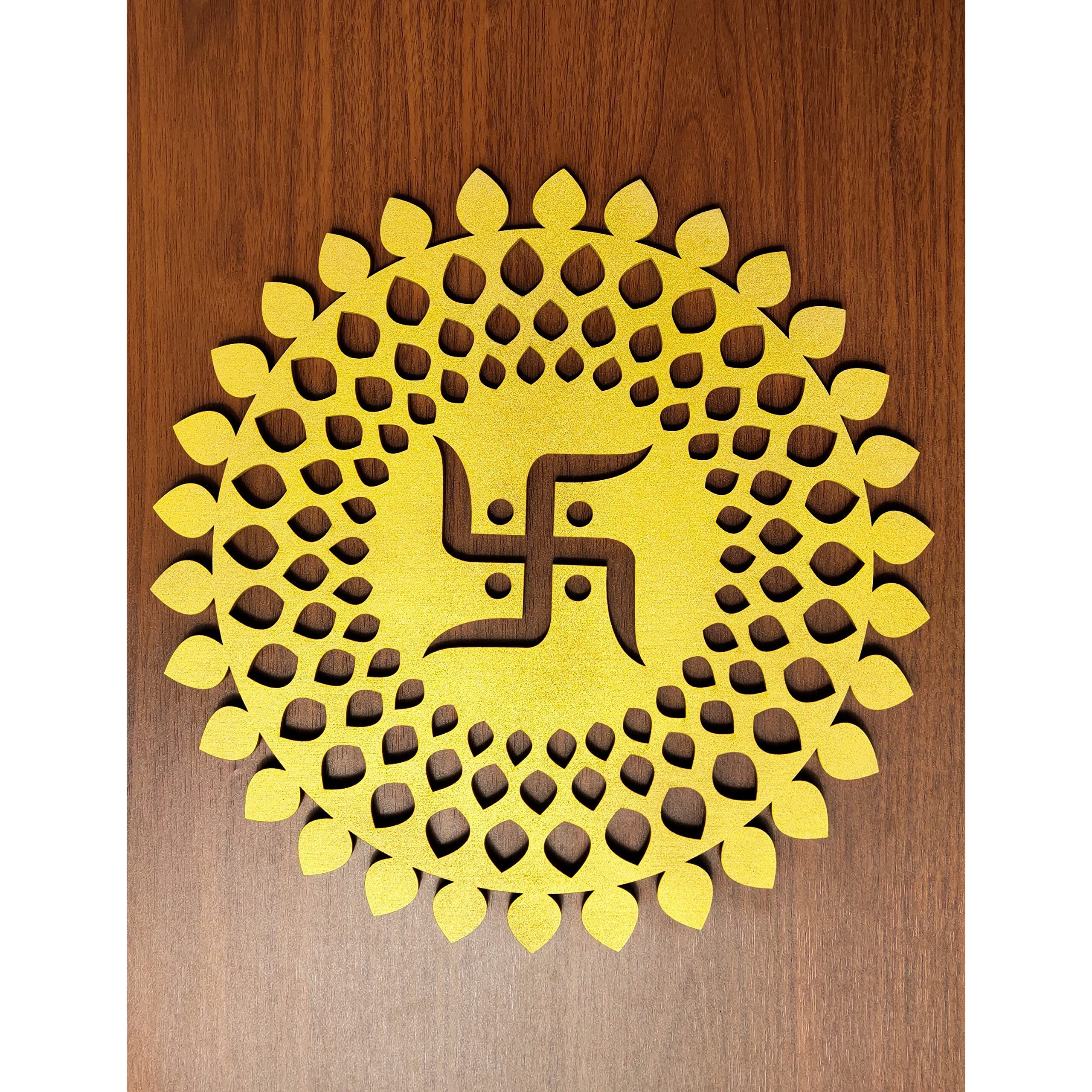 My Dream Carts Golden Round Decorative Wall Art Mdf Wooden Swastika Chakra For Temple, Living Room, Office, Hotel, Home Decor Items, Gift Item, Mandala Wall Hanging For House Decoration 45x45cm