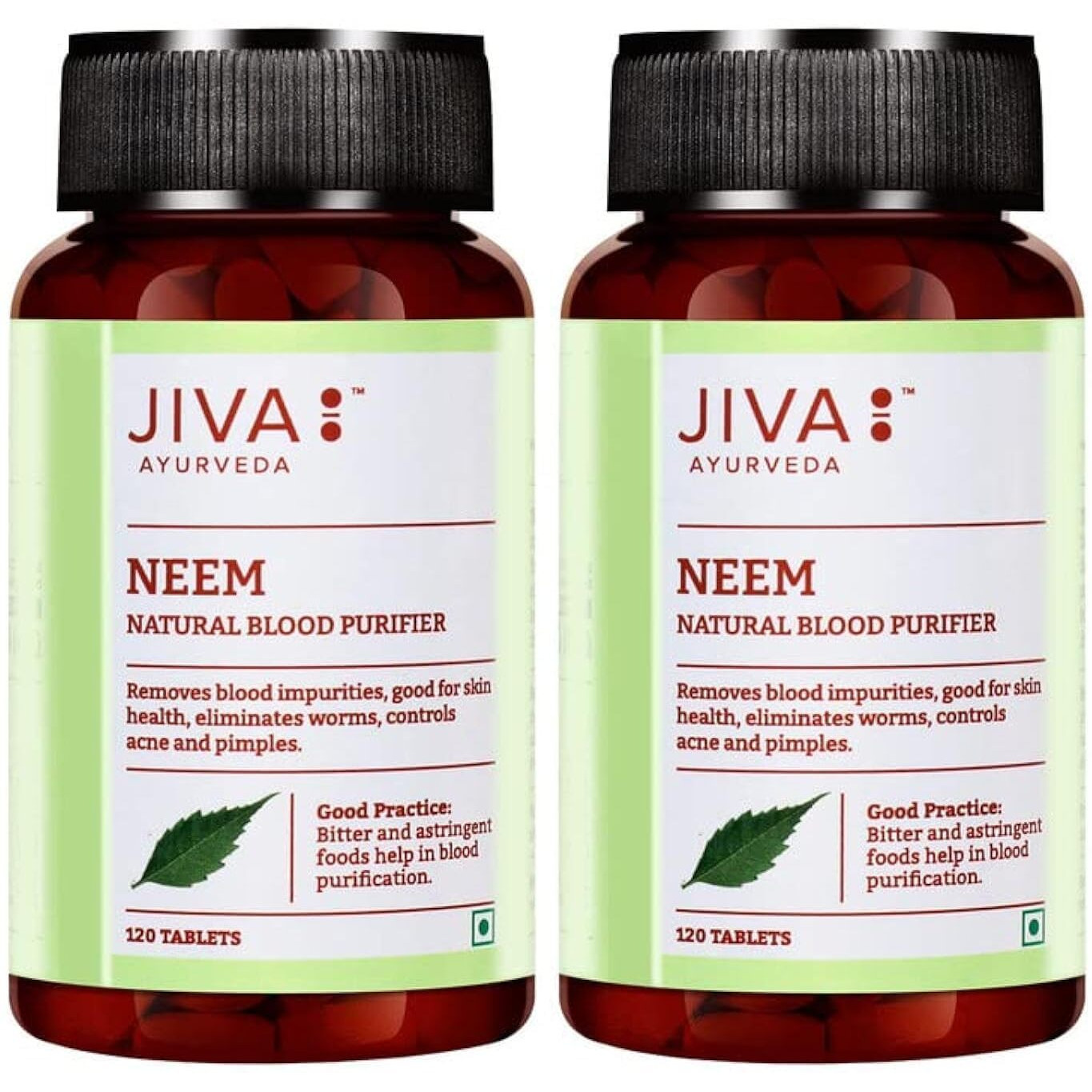 Jiva Neem Ayurvedic Tablets | Natural Blood Purifier | Skin Wellness | Controls Acne and Pimples | Veg Tablets | 100% Pure & Natural | (120 Tablet) | (Pack of 2)