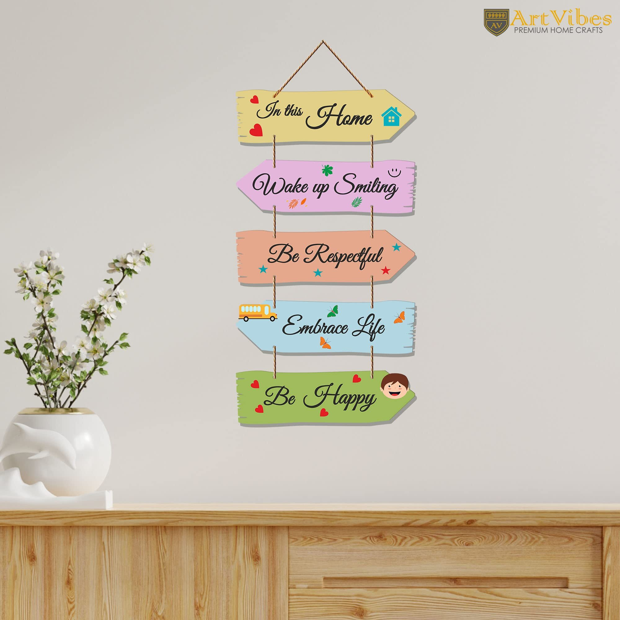 Artvibes Home Quotes MDF Wooden Wall Hanger for Living Room | Bedroom | Gifts | Wall Hangings for Home Decoration | Modern Decor Items | Decorative Painting (WH_7301N), Set of 5