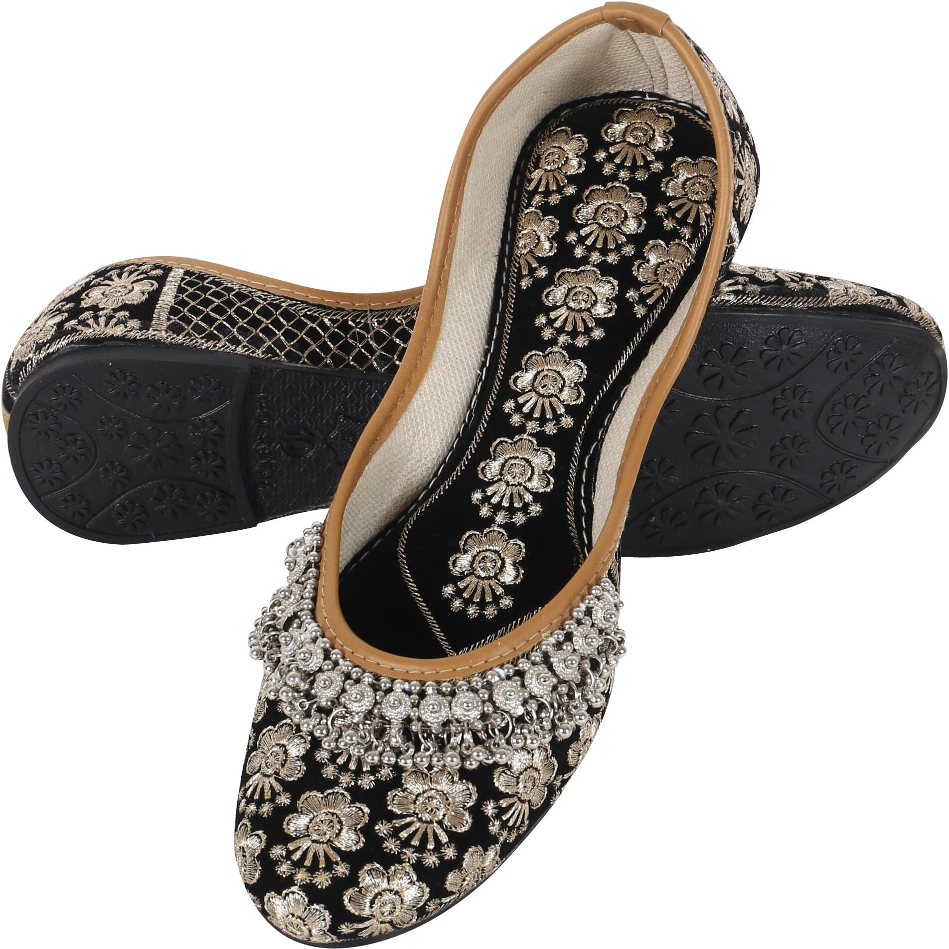 DFR Women Rajasthani Embroidered with Payal Punjabi Mojari Juti Shoe, Black, UK Size 9