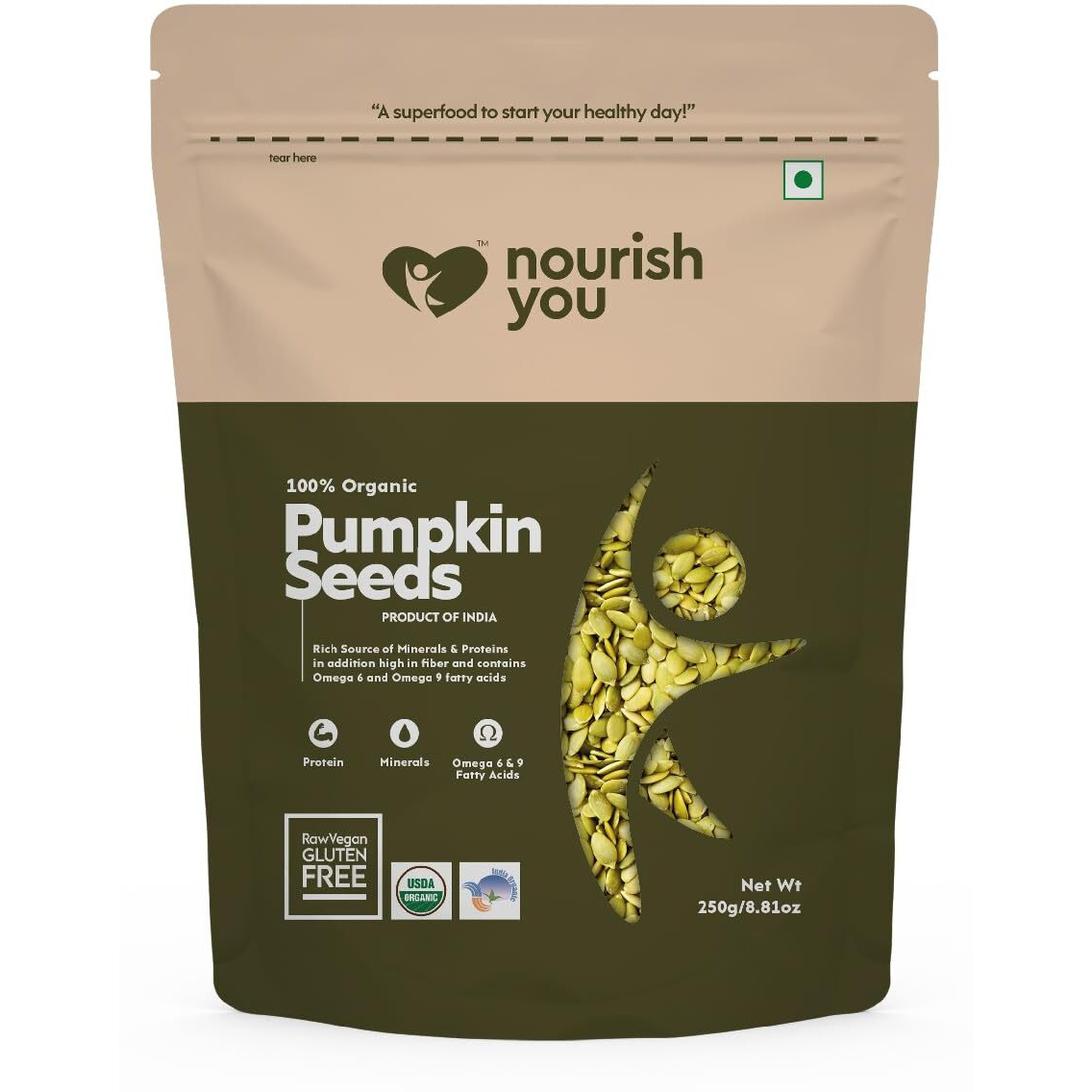 Nourish You Pumpkin Seeds 250g - Raw Pumpkin Seeds for Eating | Immunity Booster and Protein Rich Seeds | Healthy Diet Snacks | Weight management | Rich in fibre