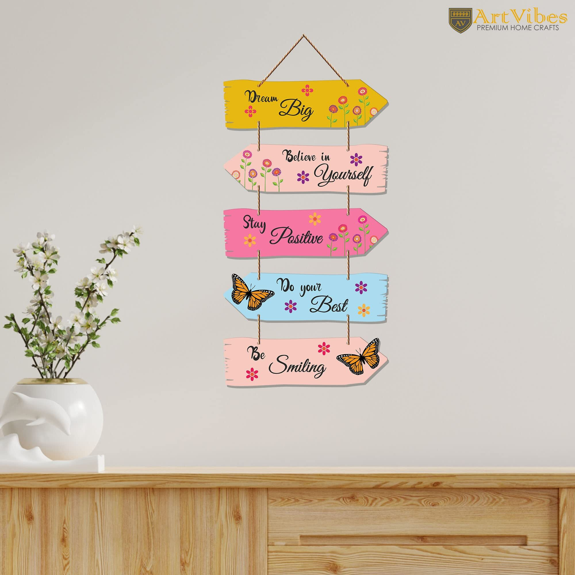 Artvibes Motivational Quote Decorative Wall Art MDF Wooden Wall Hanger for Living room | Bedroom | Gift | Wall Hanging for Home Decoration | Modern Decor Item | Artwork (WH_7309N),Set of 5