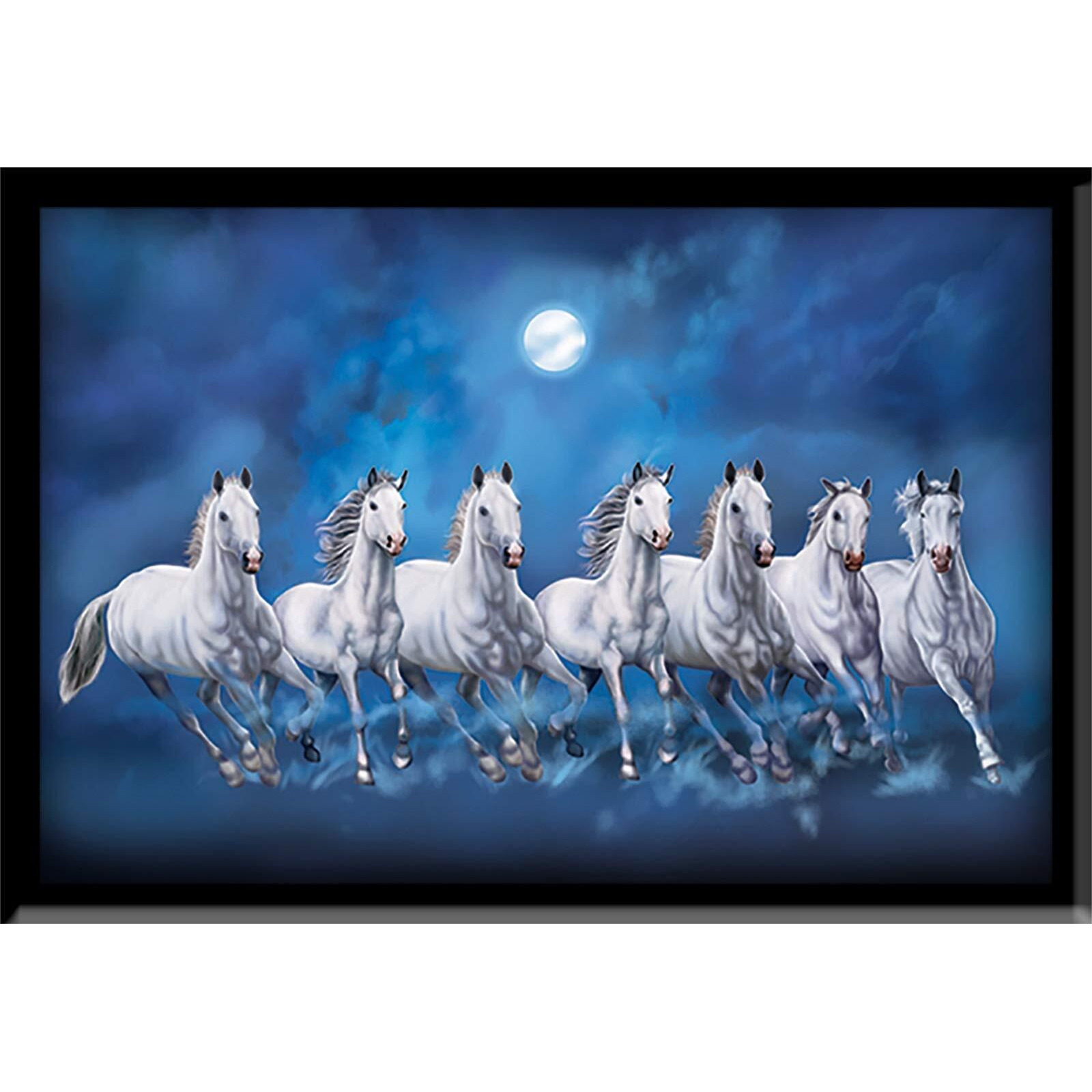 LIFEHAXTORE Seven Lucky Running Vastu Horses Art Framed Painting - (Ocean Blue, 12 Inch x 18 Inch)