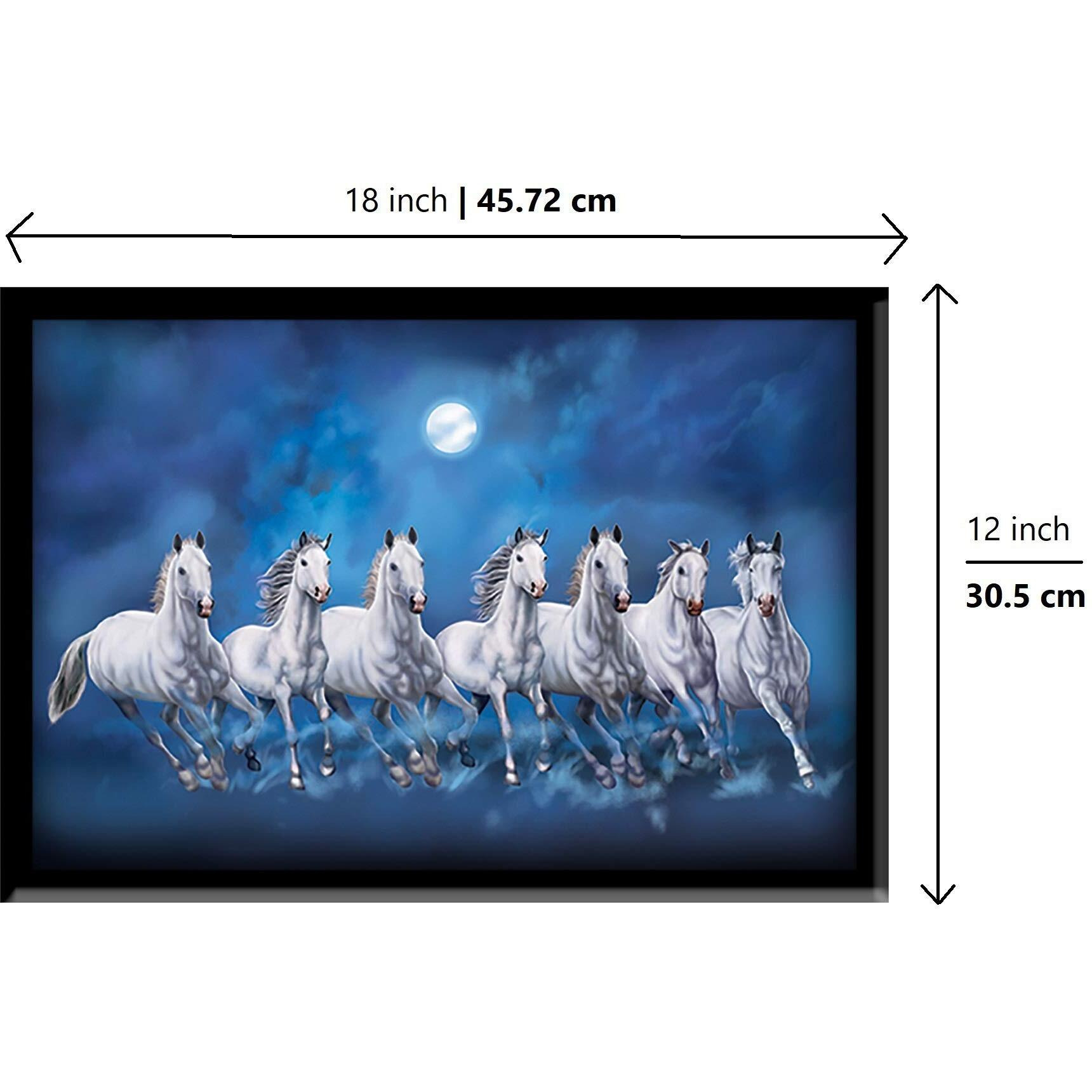 LIFEHAXTORE Seven Lucky Running Vastu Horses Art Framed Painting - (Ocean Blue, 12 Inch x 18 Inch)