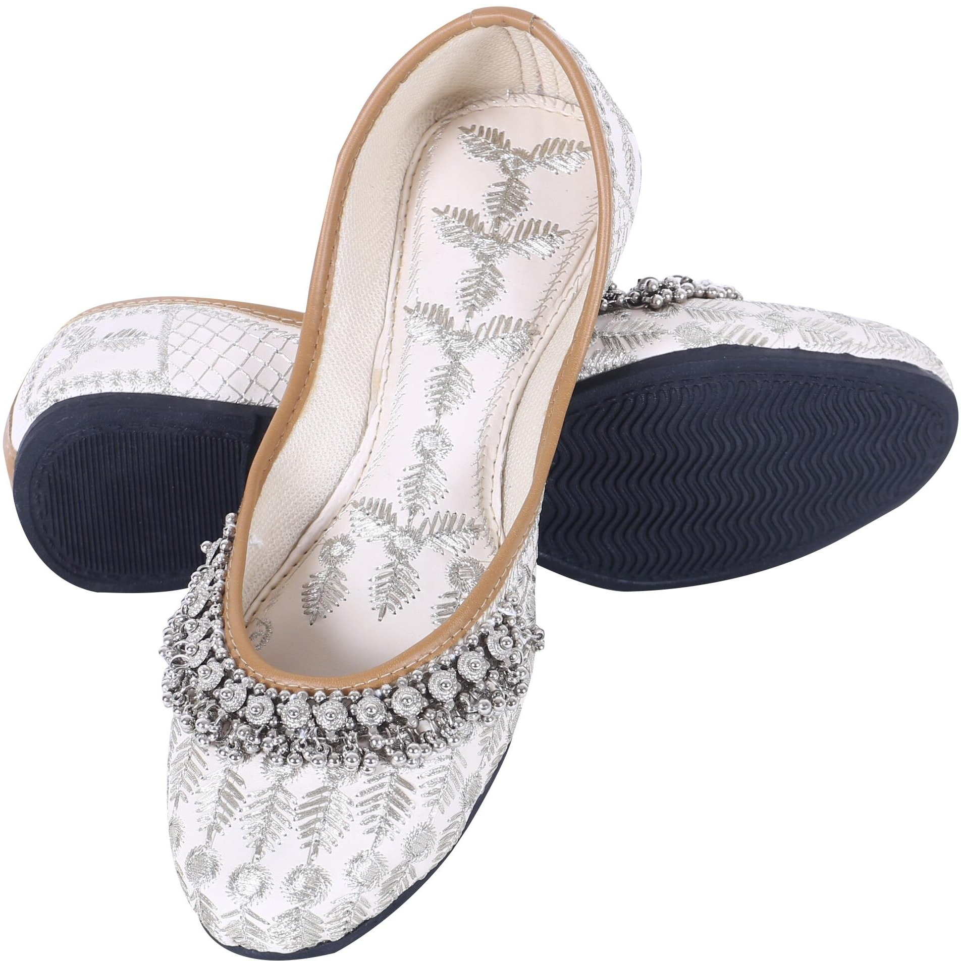 DFR Womens Rajasthani Embroidered with Payal Punjabi Mojaris Juttis Jutis Shoe, Cream, UK Size 6