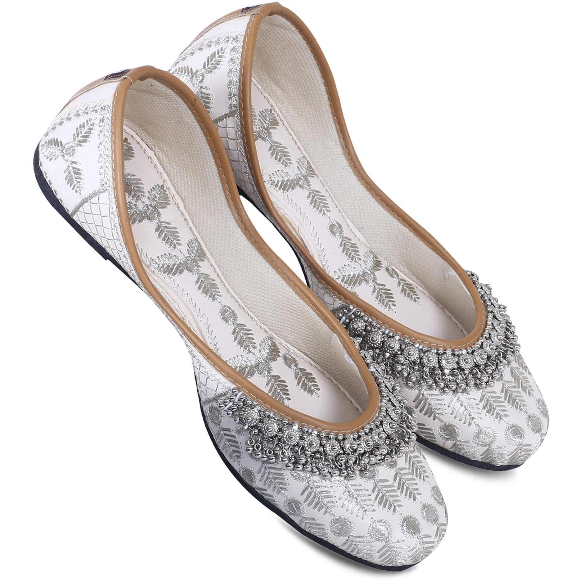 DFR Womens Rajasthani Embroidered with Payal Punjabi Mojaris Juttis Jutis Shoe, Cream, UK Size 6