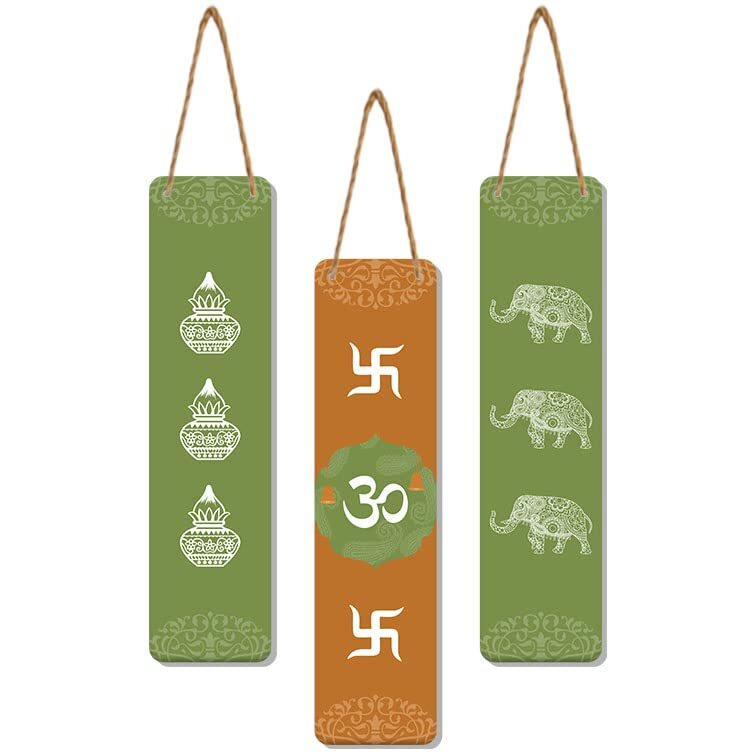 Artvibes Auspicious Symbols Designer Wooden Wall Hanging Decoration Items for Home | Gifts | Bedroom | Wooden Wall Hanger | Mdf Wall Decoration for Living Room | Artworks (WH_8105N), Set of 3