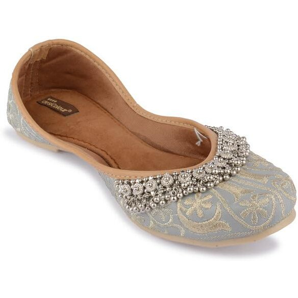 DESI COLOUR Flat Footwear/Mojari/Punjabi Jutti/Bellies for Women - Embroidered Gungroo (Gery, 4)