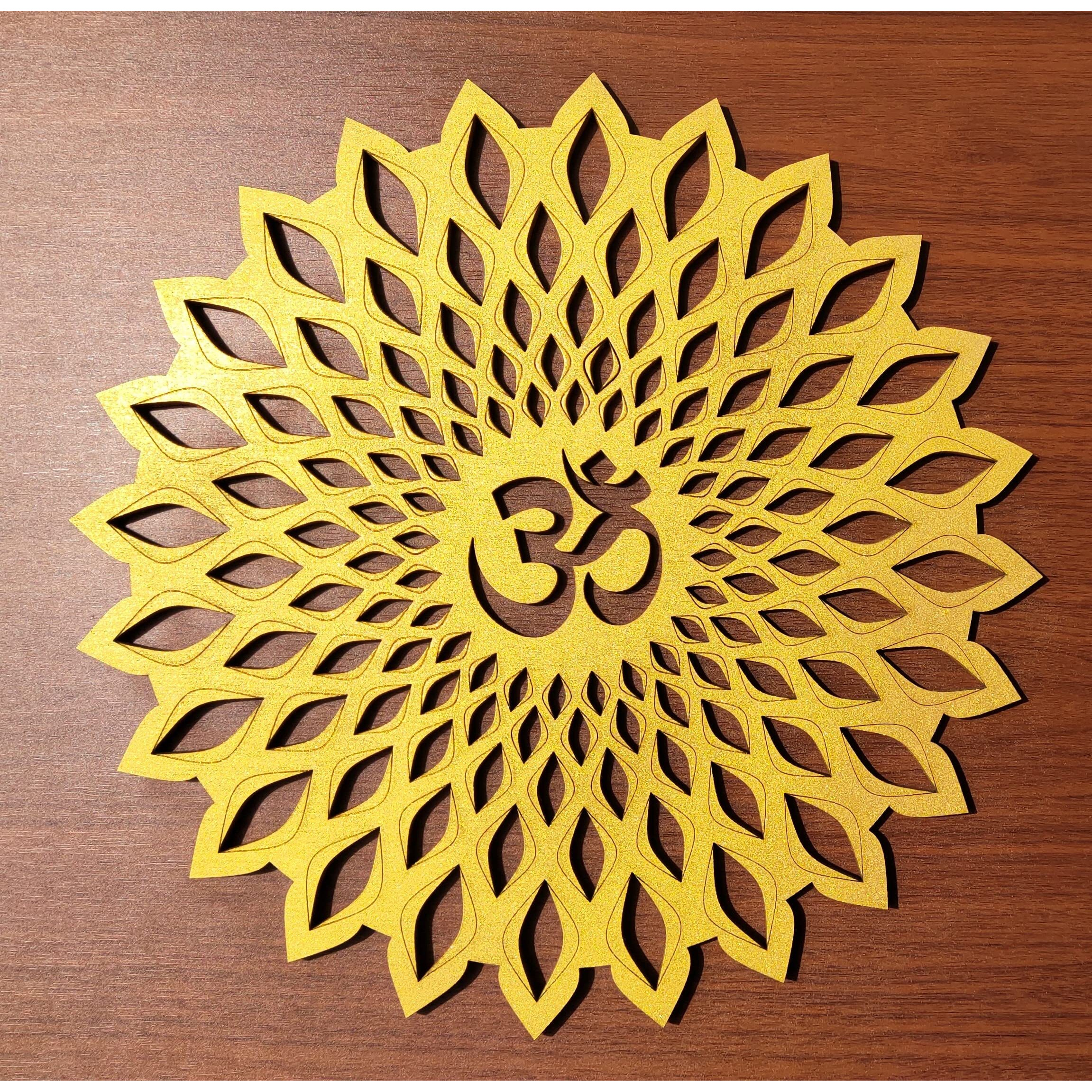 My Dream Carts Golden Om Round Decorative Wall Art Mdf Wooden Om Chakra For Temple, Living Room, Bedroom, Office, Hotel, Home Decor Items, Gift Item, Mandala Wall Hanging For House Decoration 15x15cm