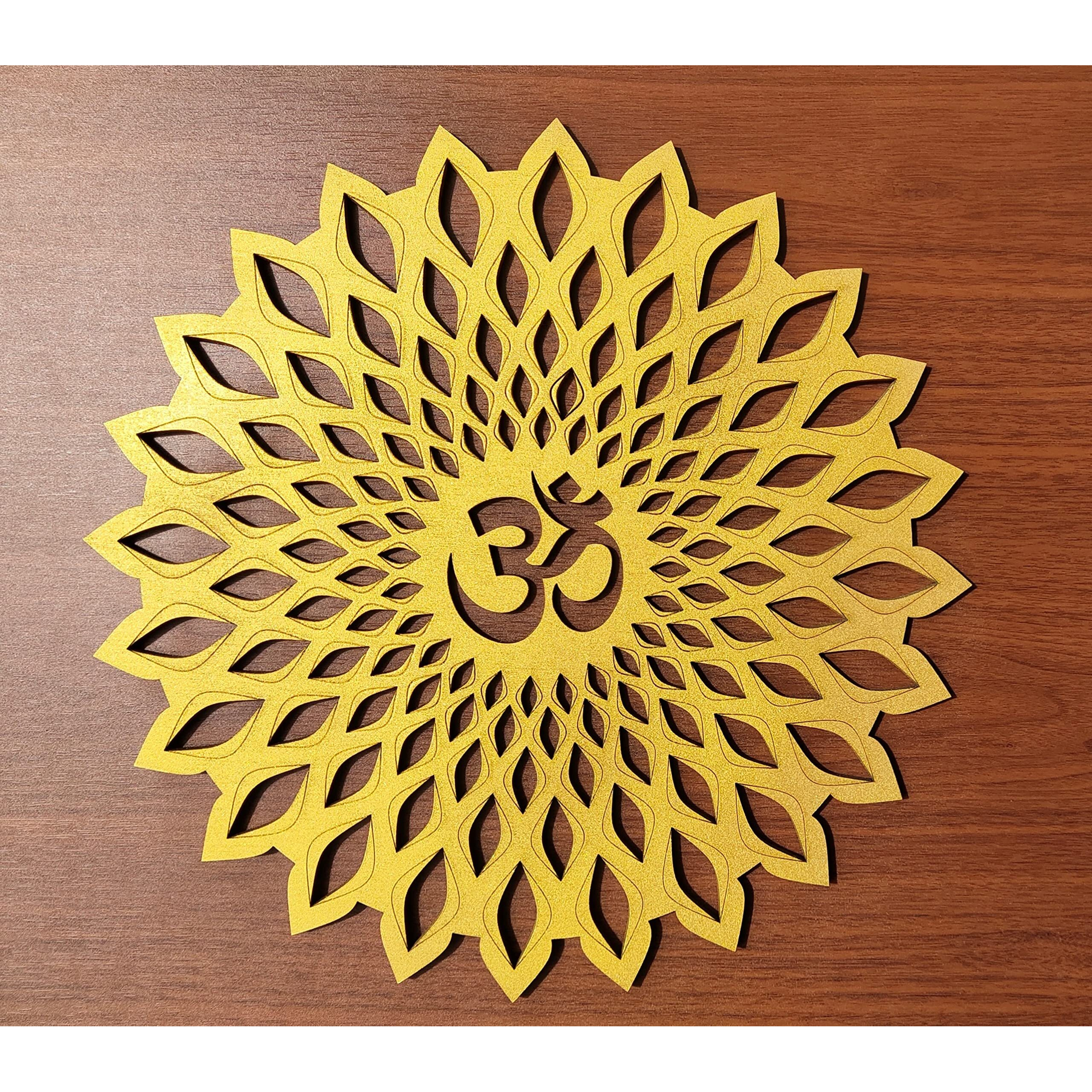 My Dream Carts Golden Om Round Decorative Wall Art Mdf Wooden Om Chakra For Temple, Living Room, Bedroom, Office, Hotel, Home Decor Items, Gift Item, Mandala Wall Hanging For House Decoration 15x15cm