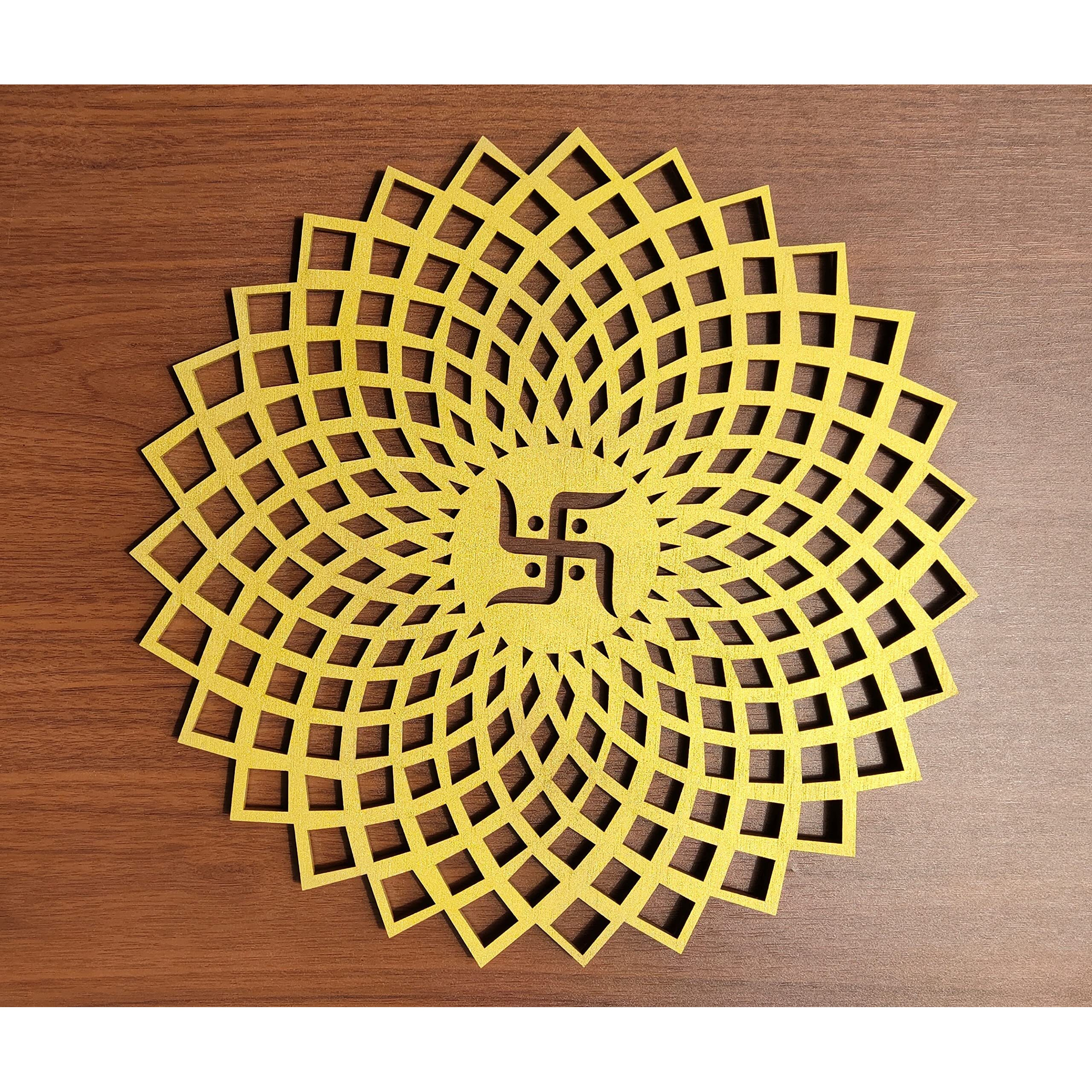 My Dream Carts Golden Round Decorative Wall Art Mdf Wooden Swastika Chakra For Temple, Living Room, Office, Hotel, Home Decor Items, Gift Item, Mandala Wall Hanging For House Decoration 15x15 CM