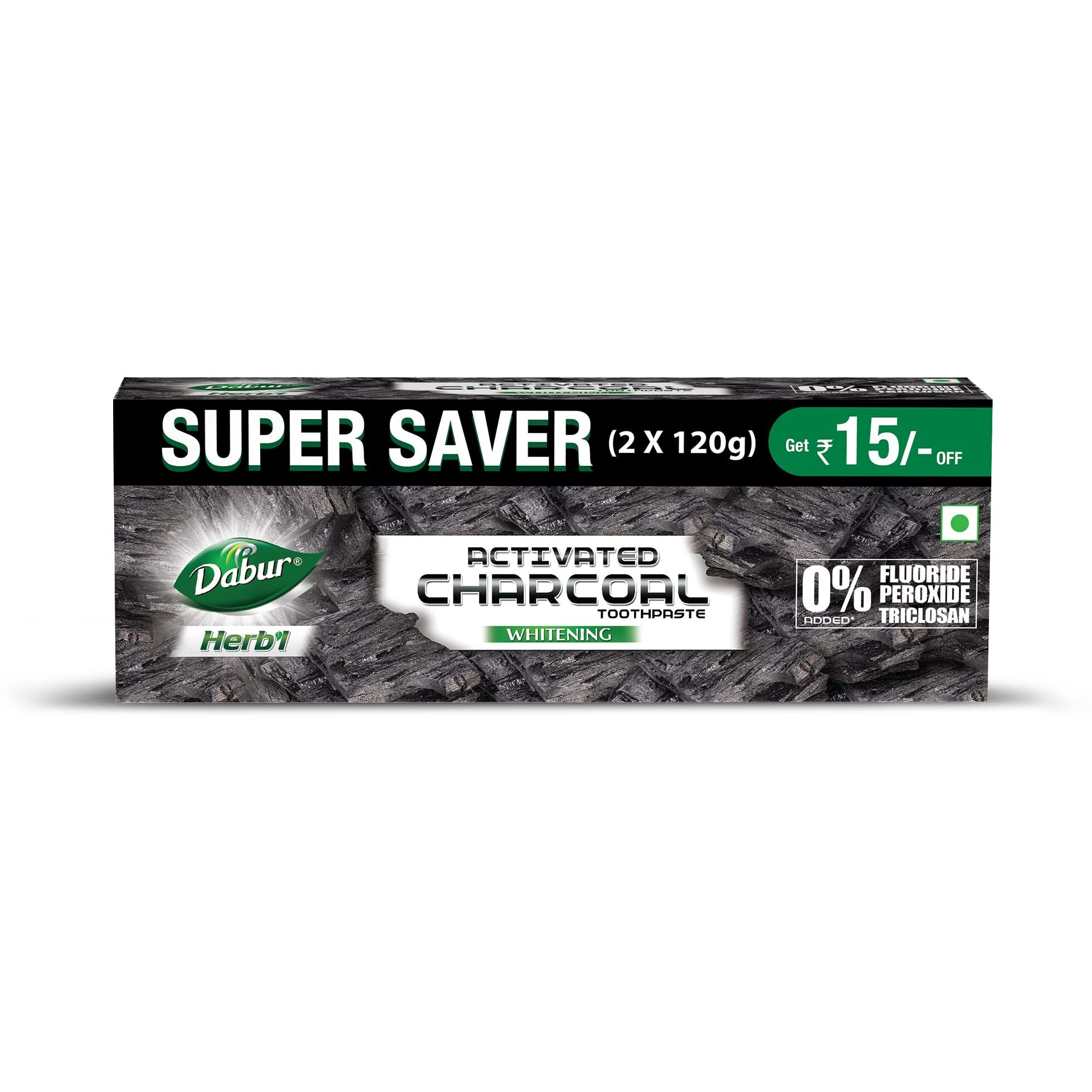 DABUR Herb'L Activated Charcoal Toothpaste-240G (120Gx2,Pack Of 2)|Black Gel Toothpaste|Whitening |Fluoride Free|Fights Plaque&Extrinsic Stains|With Power Of Mint|Cool&Refreshing Mouth Experience