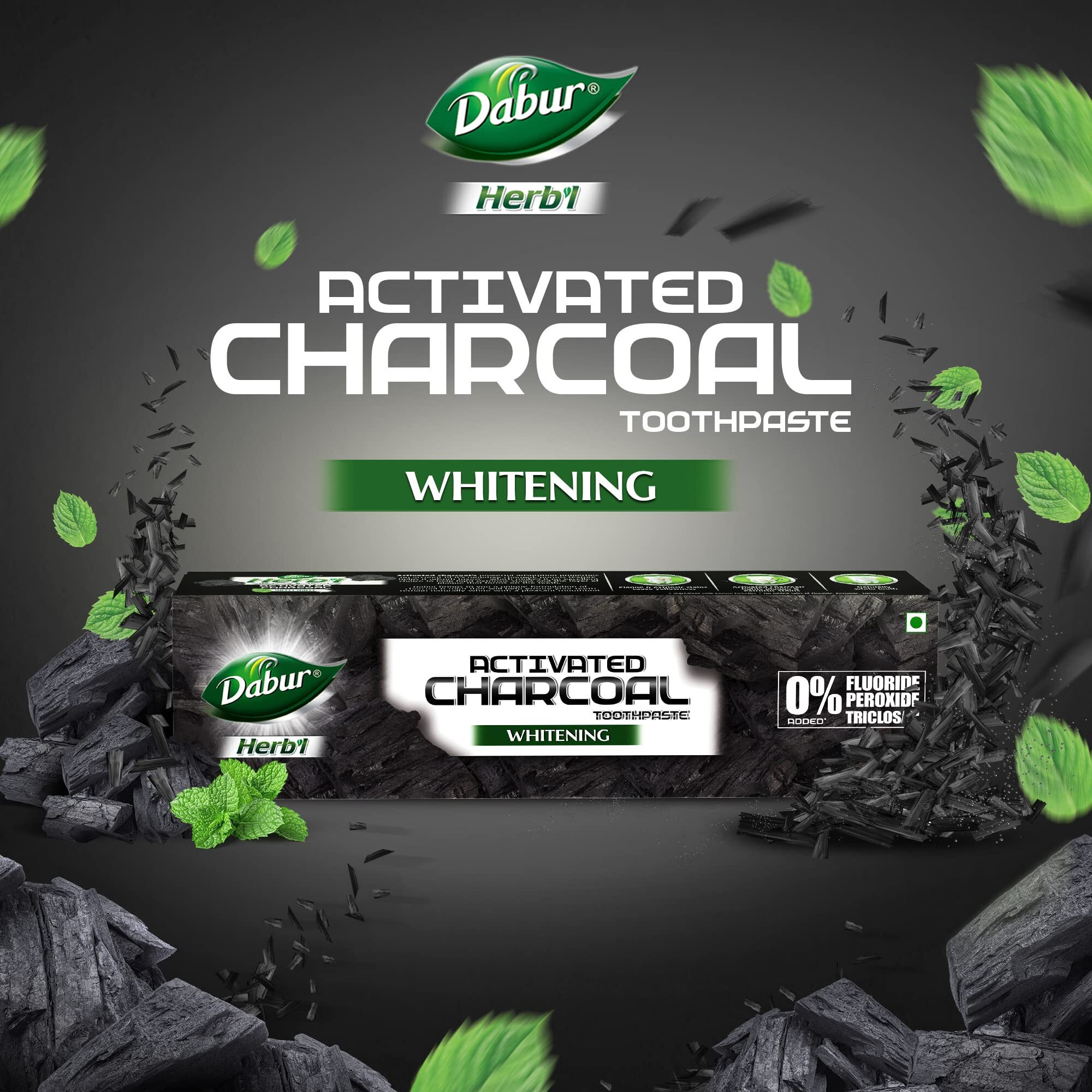 DABUR Herb'L Activated Charcoal Toothpaste-240G (120Gx2,Pack Of 2)|Black Gel Toothpaste|Whitening |Fluoride Free|Fights Plaque&Extrinsic Stains|With Power Of Mint|Cool&Refreshing Mouth Experience