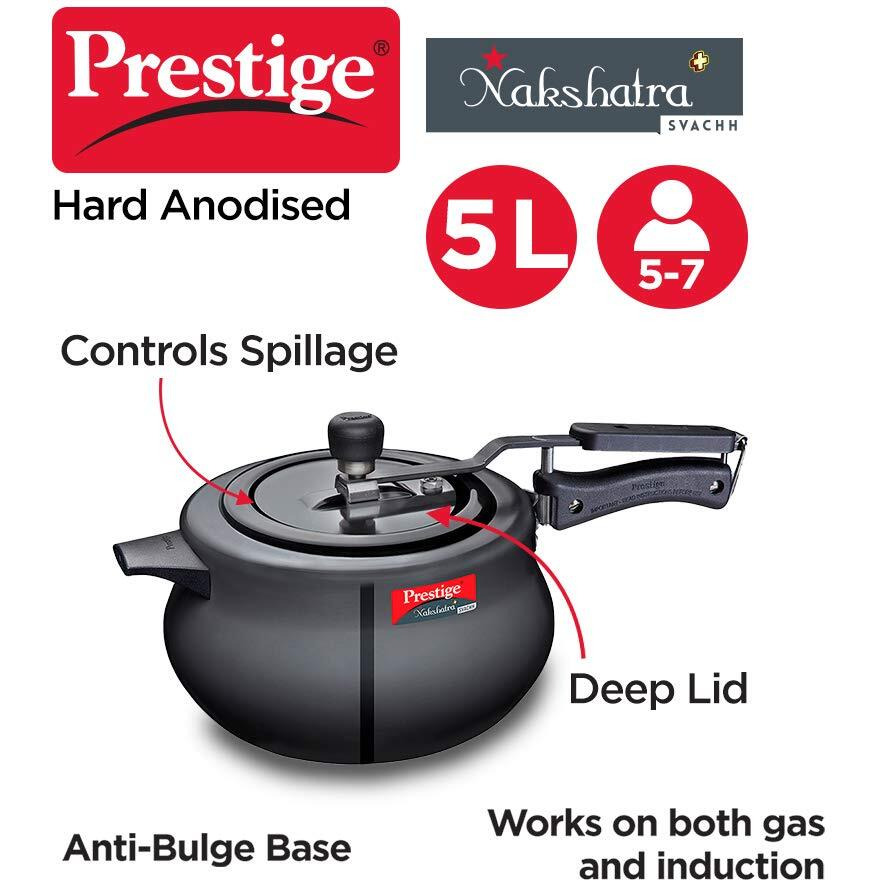 Prestige 5 Litres Svachh Nakshatra Plus Induction Base Inner Lid Hard Anodised Pressure Handi |Black | Deep Lid | Anti-Bulge Base | Sturdy Handles