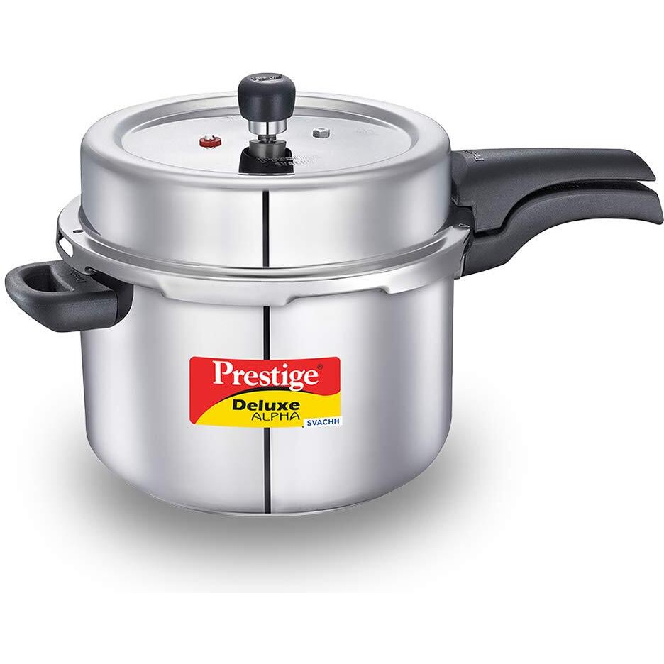 Prestige 8 Litres Svachh Deluxe Alpha Induction Base Outer Lid Stainless Steel Pressure Cooker | Deep Lid controls spillage| Silver | Straight Wall | Pressure Indicator | Gasket-release system