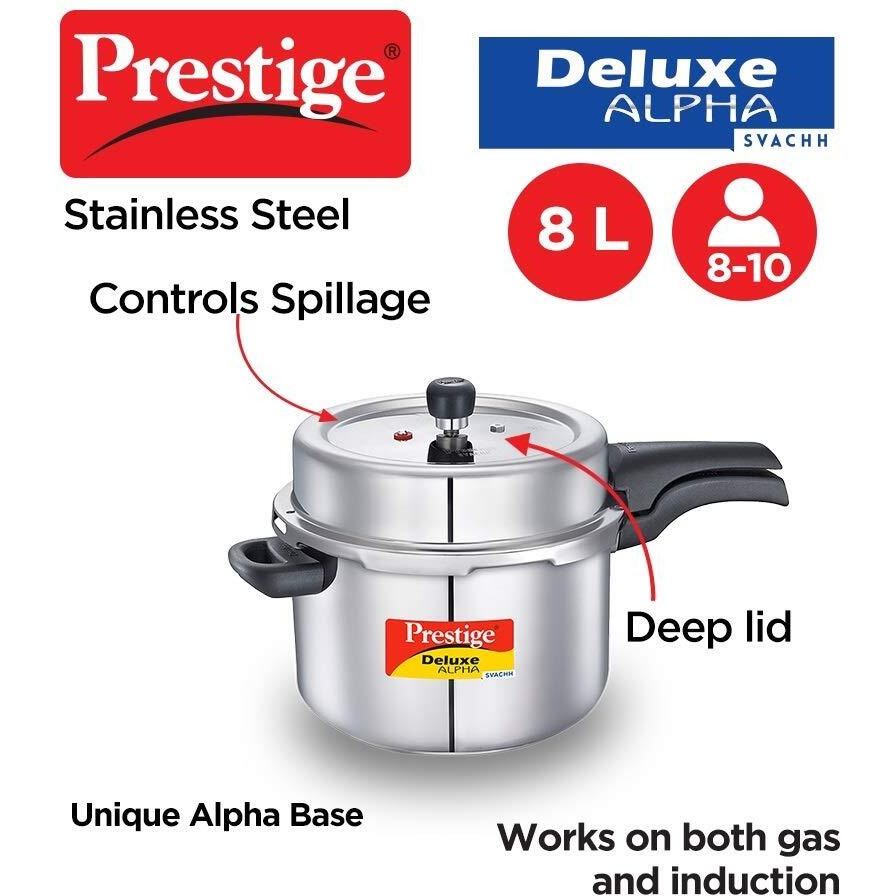 Prestige 8 Litres Svachh Deluxe Alpha Induction Base Outer Lid Stainless Steel Pressure Cooker | Deep Lid controls spillage| Silver | Straight Wall | Pressure Indicator | Gasket-release system